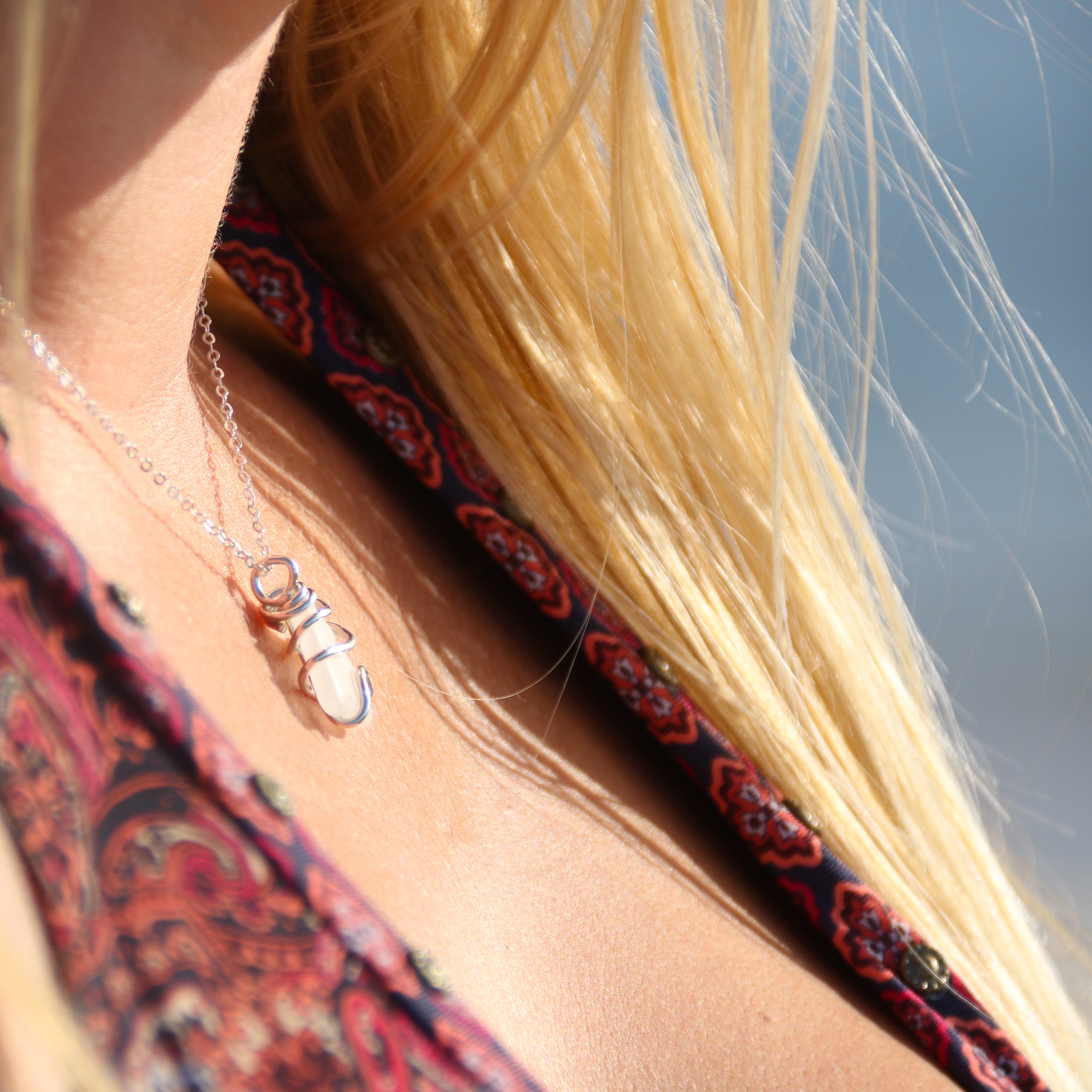 White Water - Saltwater Souls white sea glass wave wire wrapped necklace.