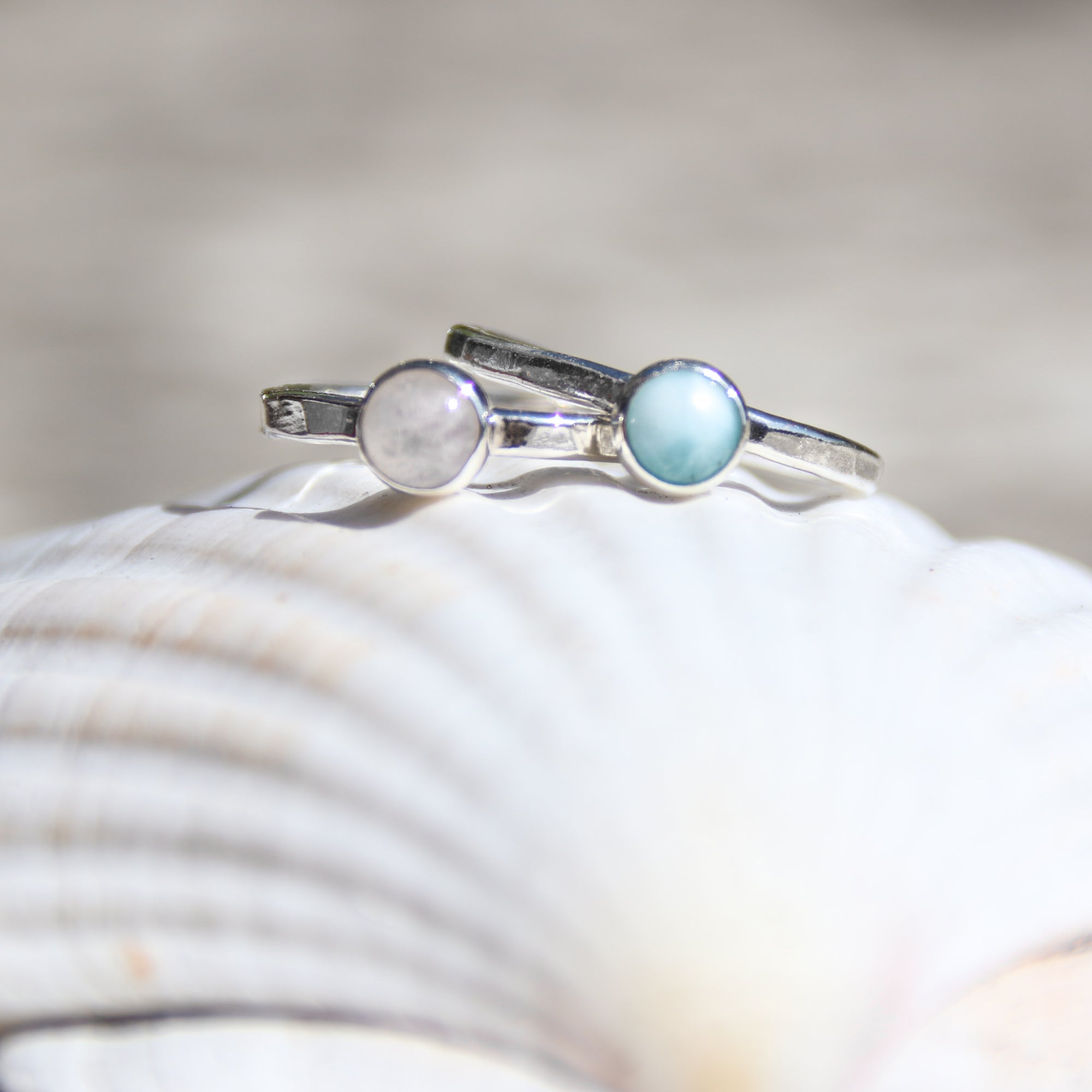 Moon Rise - Saltwater Souls rainbow moonstone sterling silver stacking ring.