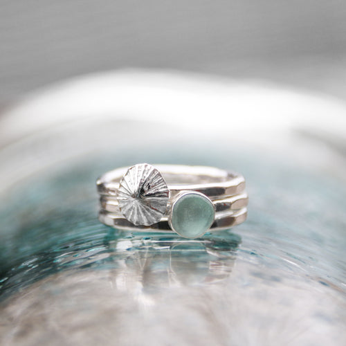 Barricane Tides - Saltwater Souls sea glass and fine silver limpet recycled sterling silver ocean stacking ring.
