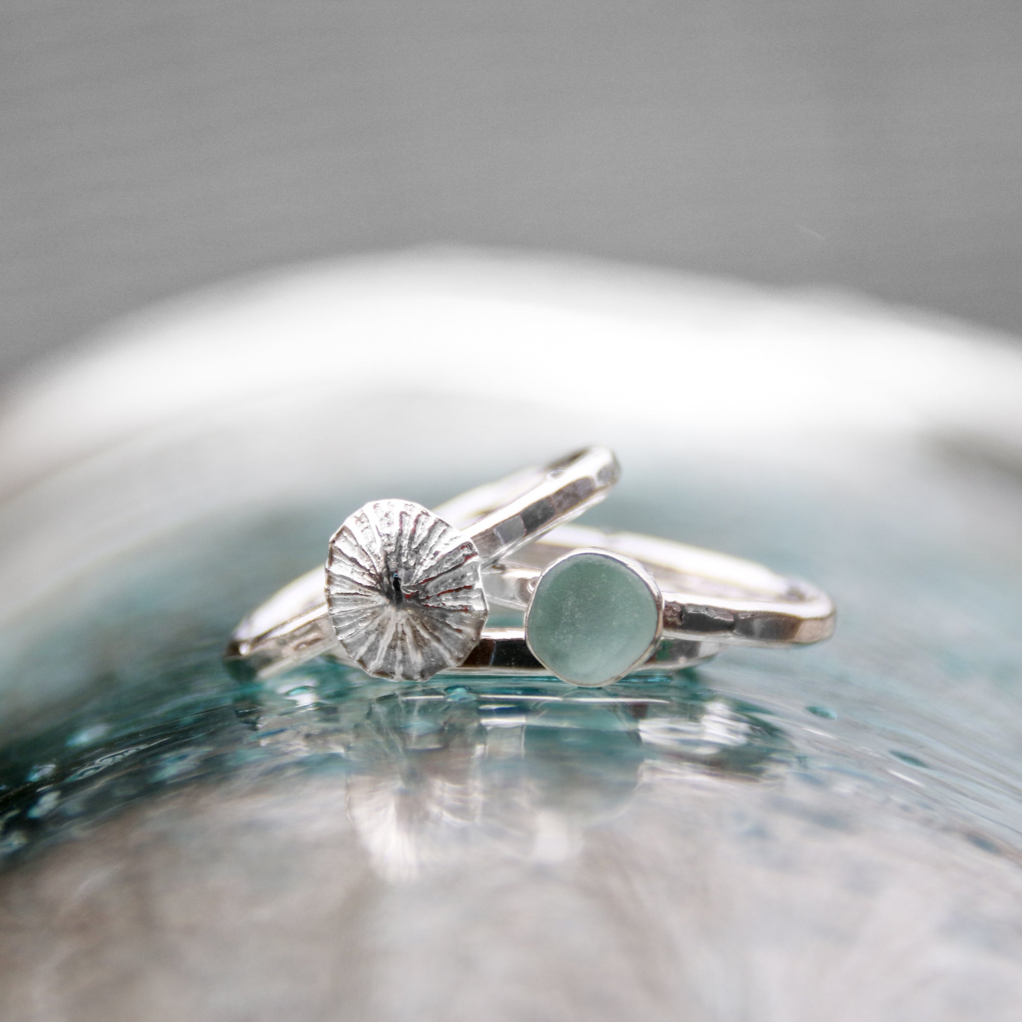 Barricane Tides - Saltwater Souls sea glass and fine silver limpet recycled sterling silver ocean stacking ring.
