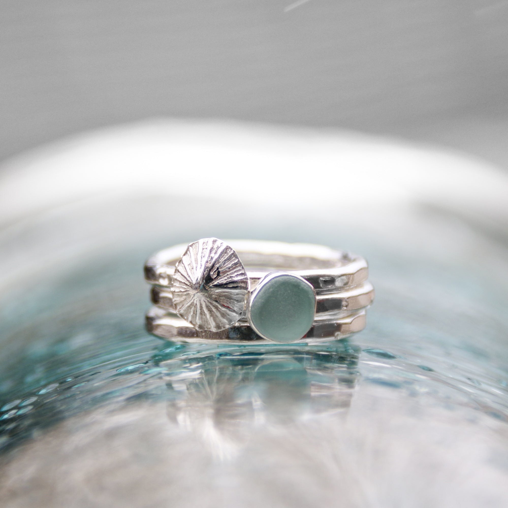 Barricane Tides - Saltwater Souls sea glass and fine silver limpet recycled sterling silver ocean stacking ring.
