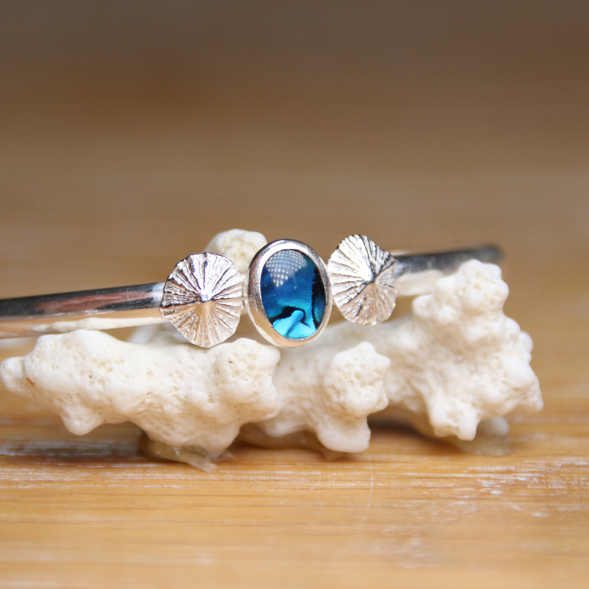 Blue Aurora - Saltwater Souls paua shell and fine silver limpet shell recycled sterling silver open back bangle.