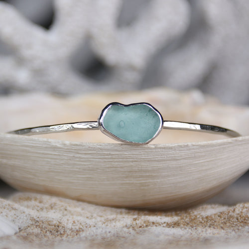 Blue Tides - Marla - Saltwater Souls sea glass hammered effect bangle, handcrafted with recycled sterling silver.