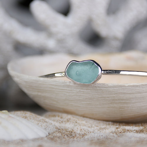 Blue Tides - Marla - Saltwater Souls sea glass hammered effect bangle, handcrafted with recycled sterling silver.