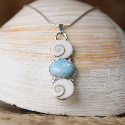 Changing Tides - Saltwater Souls larimar and shiva shell triplet necklace.