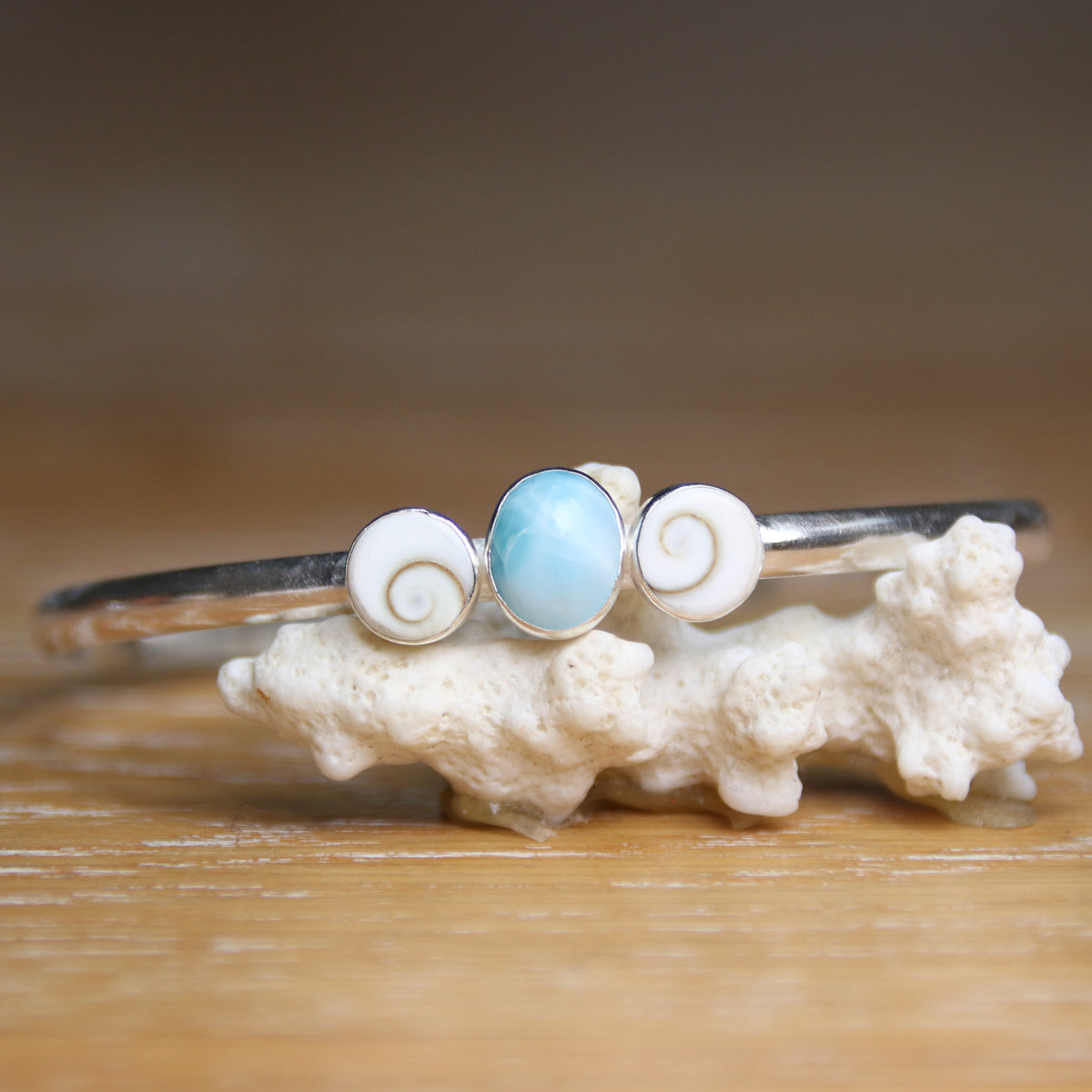 Changing Tides Bangle - Saltwater Souls larimar and shiva shell recycled sterling silver open back bangle.