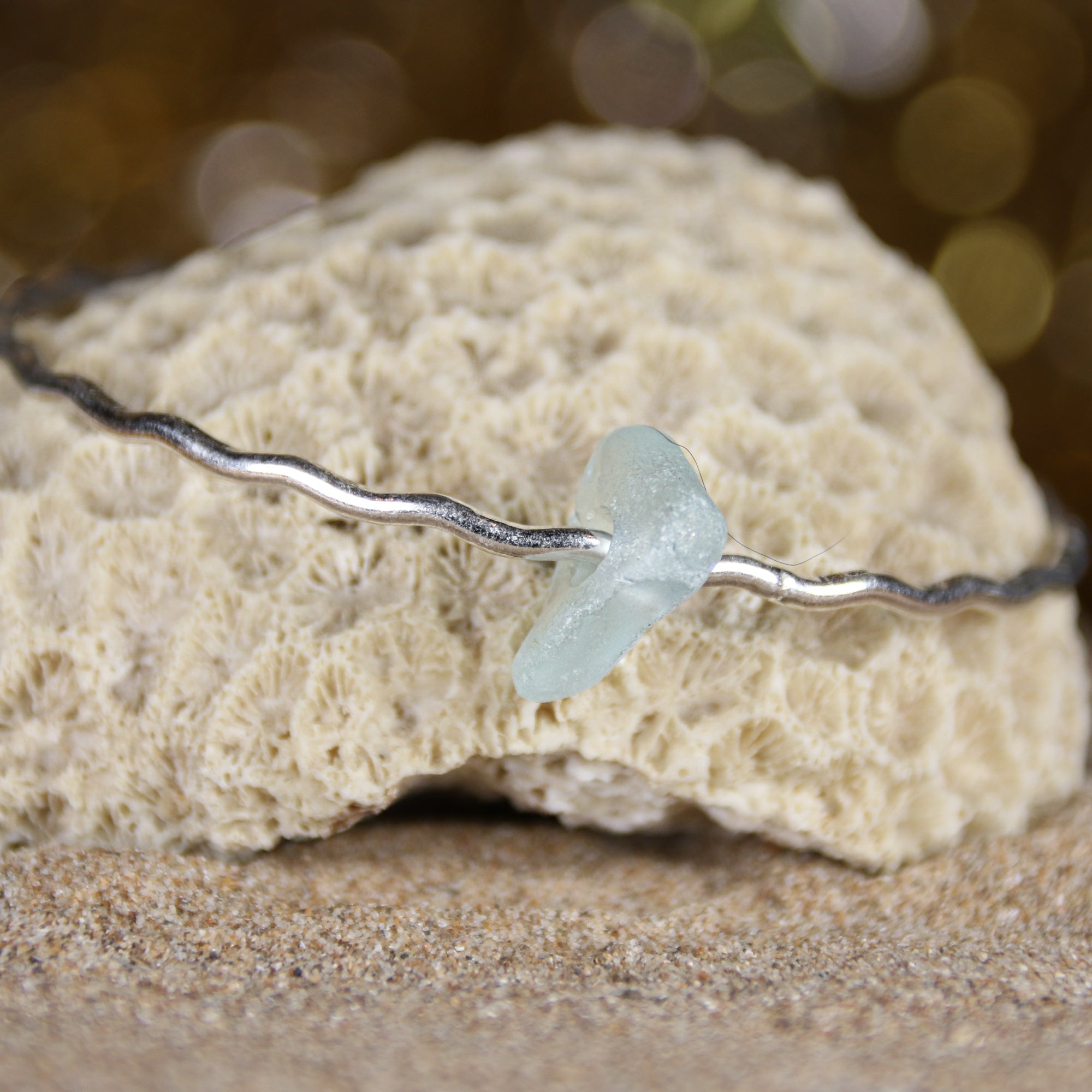 Glassy Swell Lines - Saltwater Souls swell lines hammered effect bangle with seaglass threaded bead, handcrafted with recycled sterling silver.