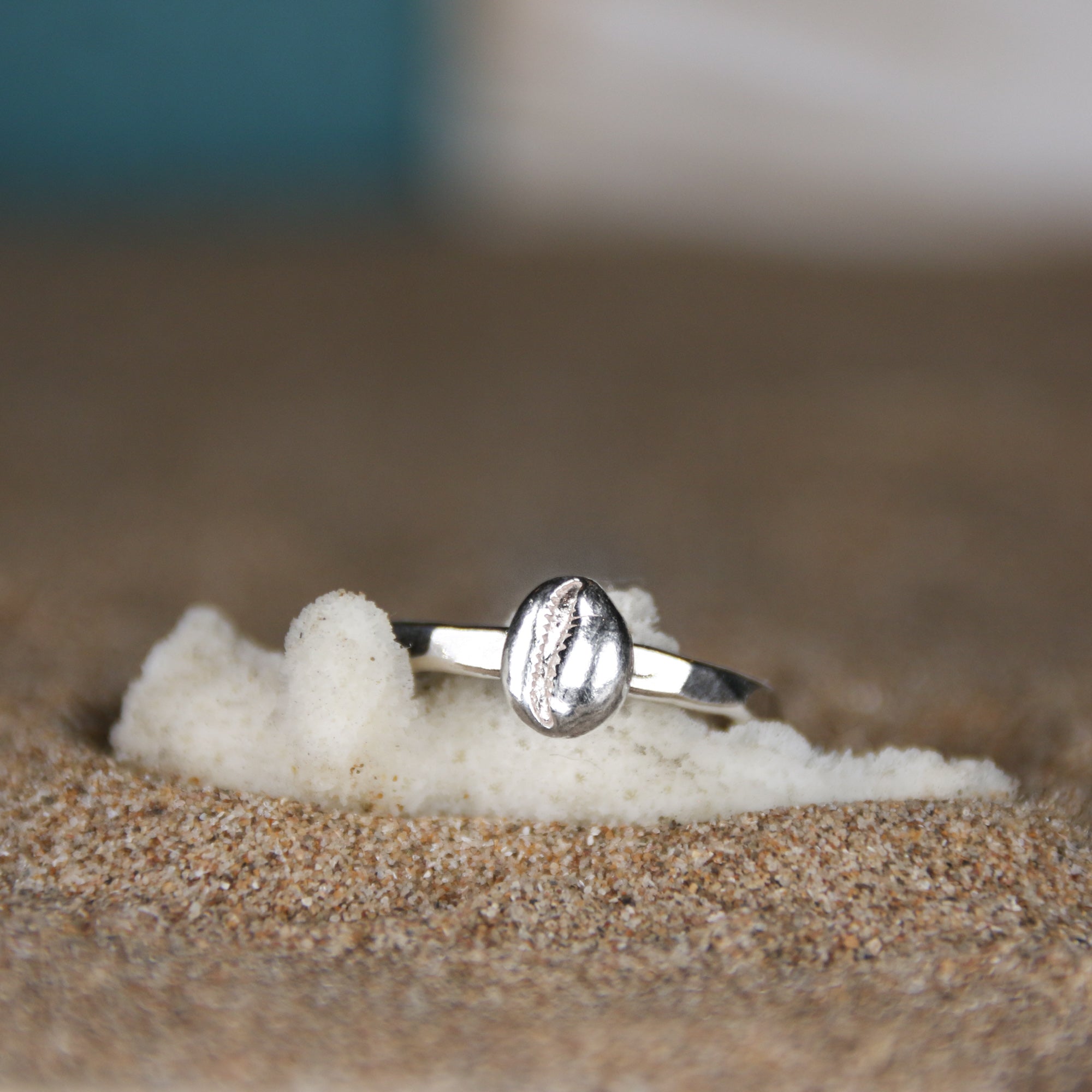 Hele Bay Silver Cowrie Ring - Saltwater Souls fine silver (.999) cast tiny cowrie shell found at Hele Bay, North Devon, on a hammered effect recycled sterling silver stacking ring.