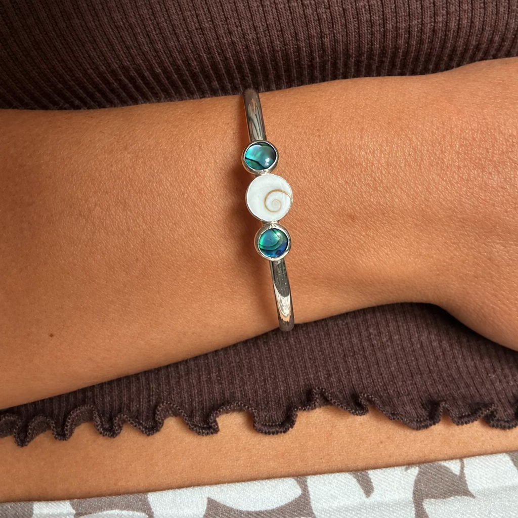 Ocean Aura - Saltwater Souls shiva shell and paua shell recycled sterling silver open back bangle.