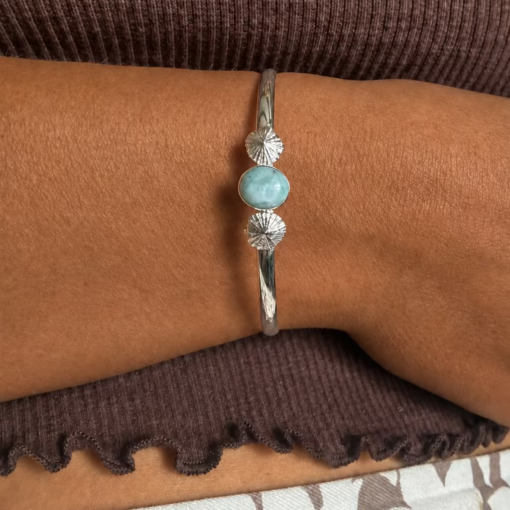 Mermaid Waters - Saltwater Souls larimar and fine silver limpet shell recycled sterling silver open back bangle.