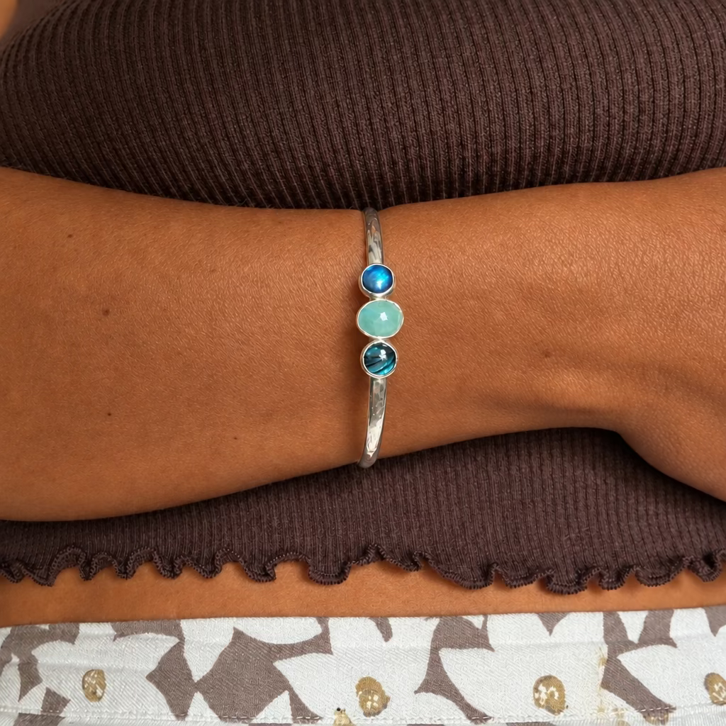 Tidal Pull - Saltwater Souls larimar and paua shell recycled sterling silver open back bangle.