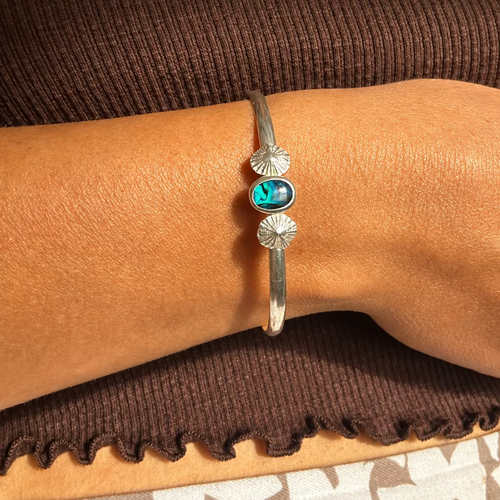 Blue Aurora - Saltwater Souls paua shell and fine silver limpet shell recycled sterling silver open back bangle.
