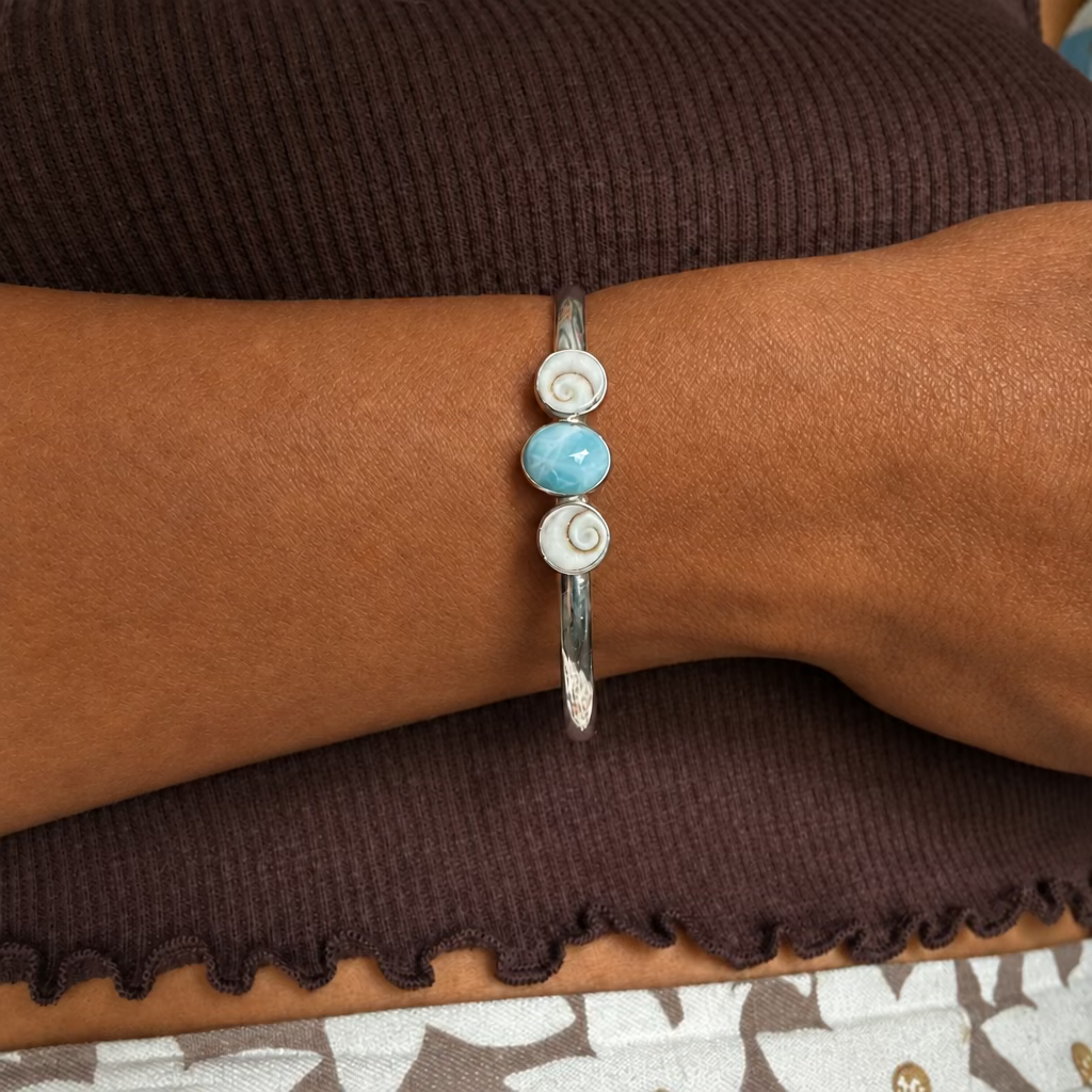 Changing Tides Bangle - Saltwater Souls larimar and shiva shell recycled sterling silver open back bangle.