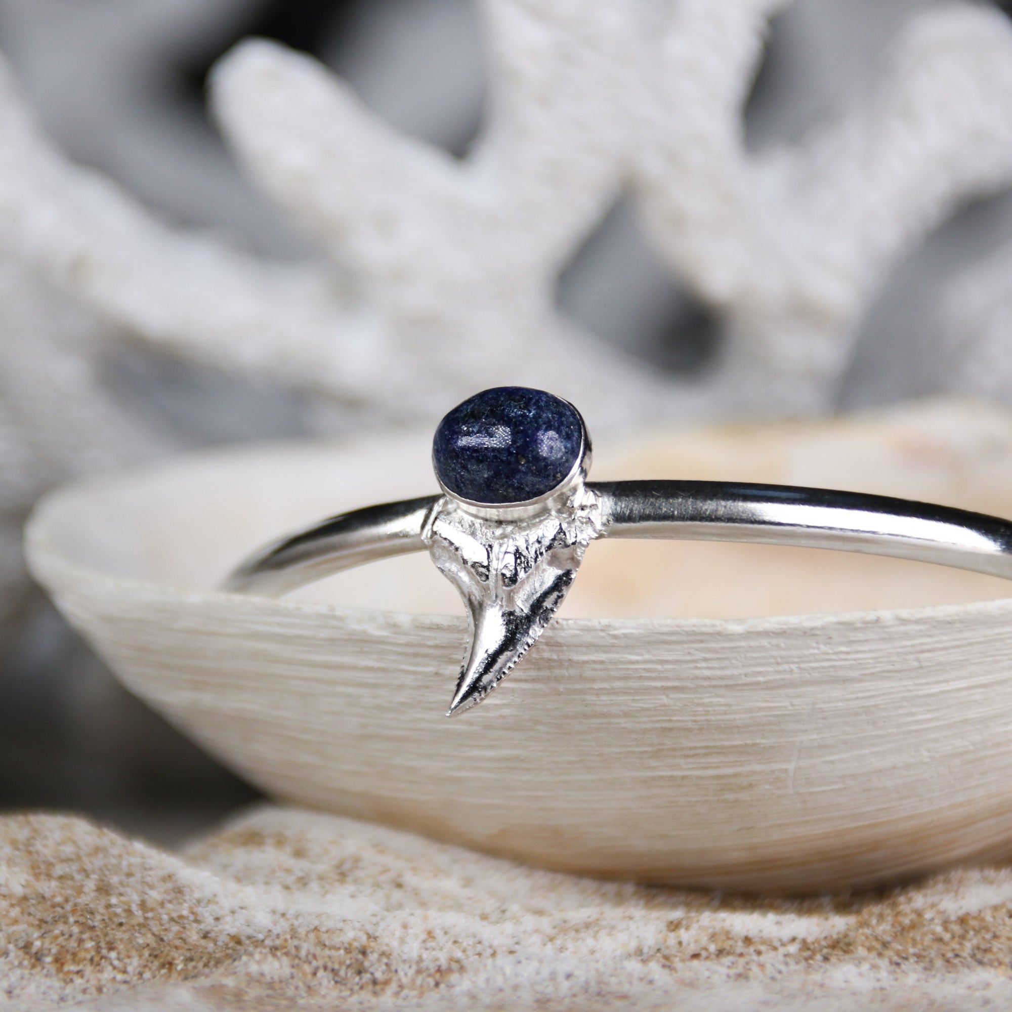 Into the Blue - Saltwater Souls kyanite and fine silver cast shark's tooth open bangle handcrafted with recycled sterling silver.