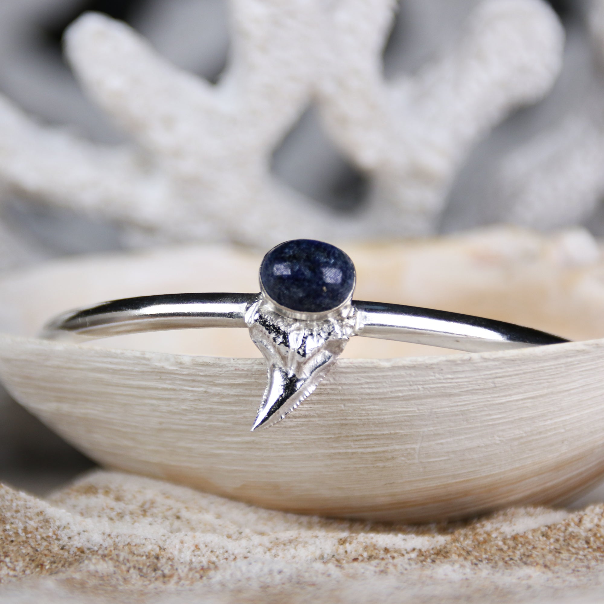 Into the Blue - Saltwater Souls kyanite and fine silver cast shark's tooth open bangle handcrafted with recycled sterling silver.