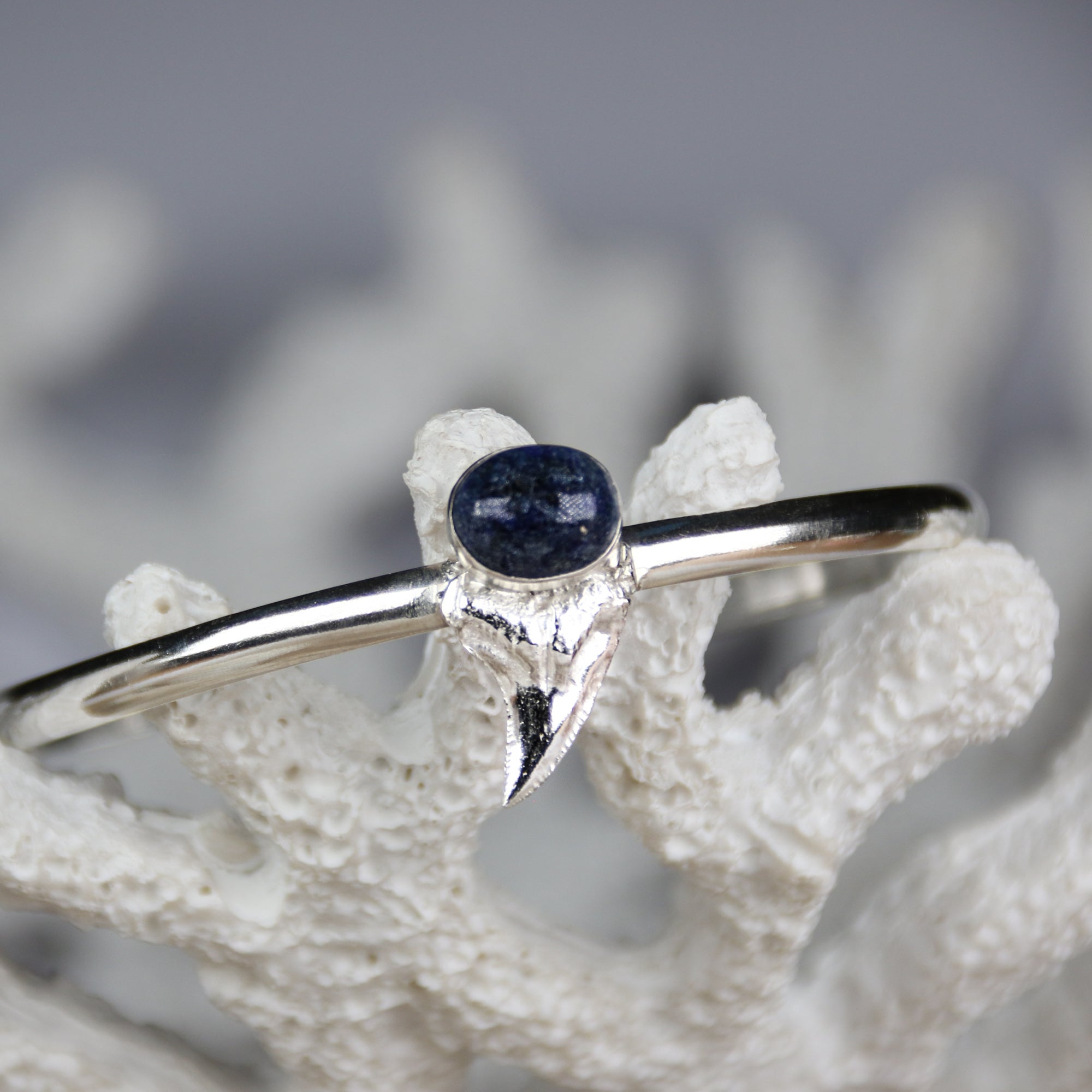 Into the Blue - Saltwater Souls kyanite and fine silver cast shark's tooth open bangle handcrafted with recycled sterling silver.
