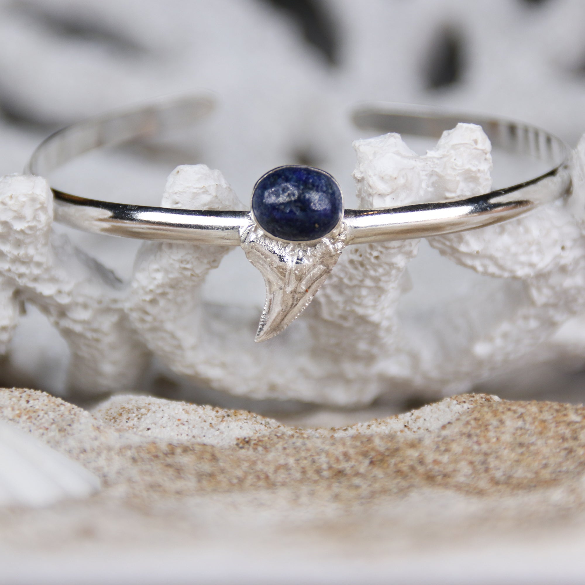 Into the Blue - Saltwater Souls kyanite and fine silver cast shark's tooth open bangle handcrafted with recycled sterling silver.