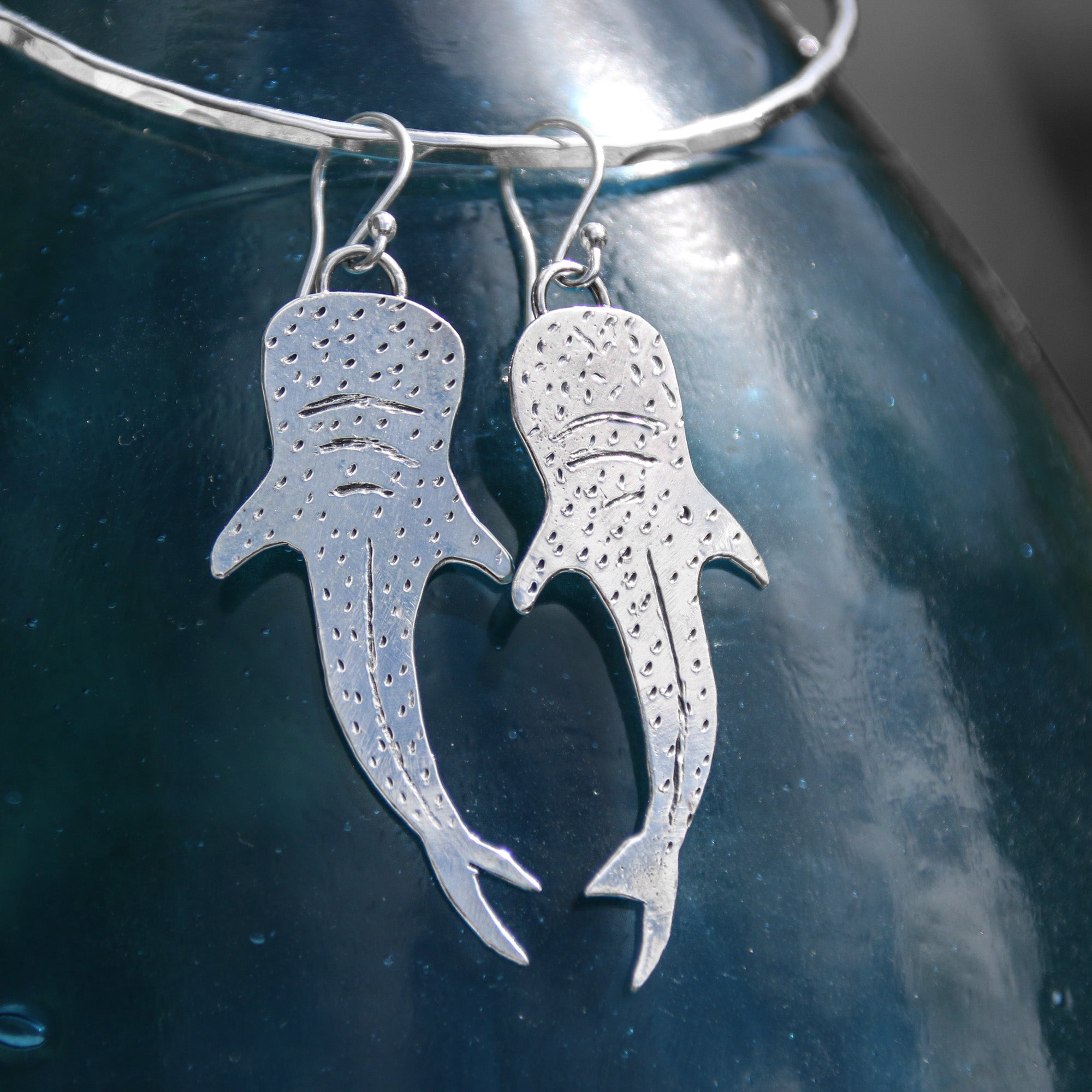 Into the Blue - Saltwater Souls recycled sterling silver whale shark earrings.