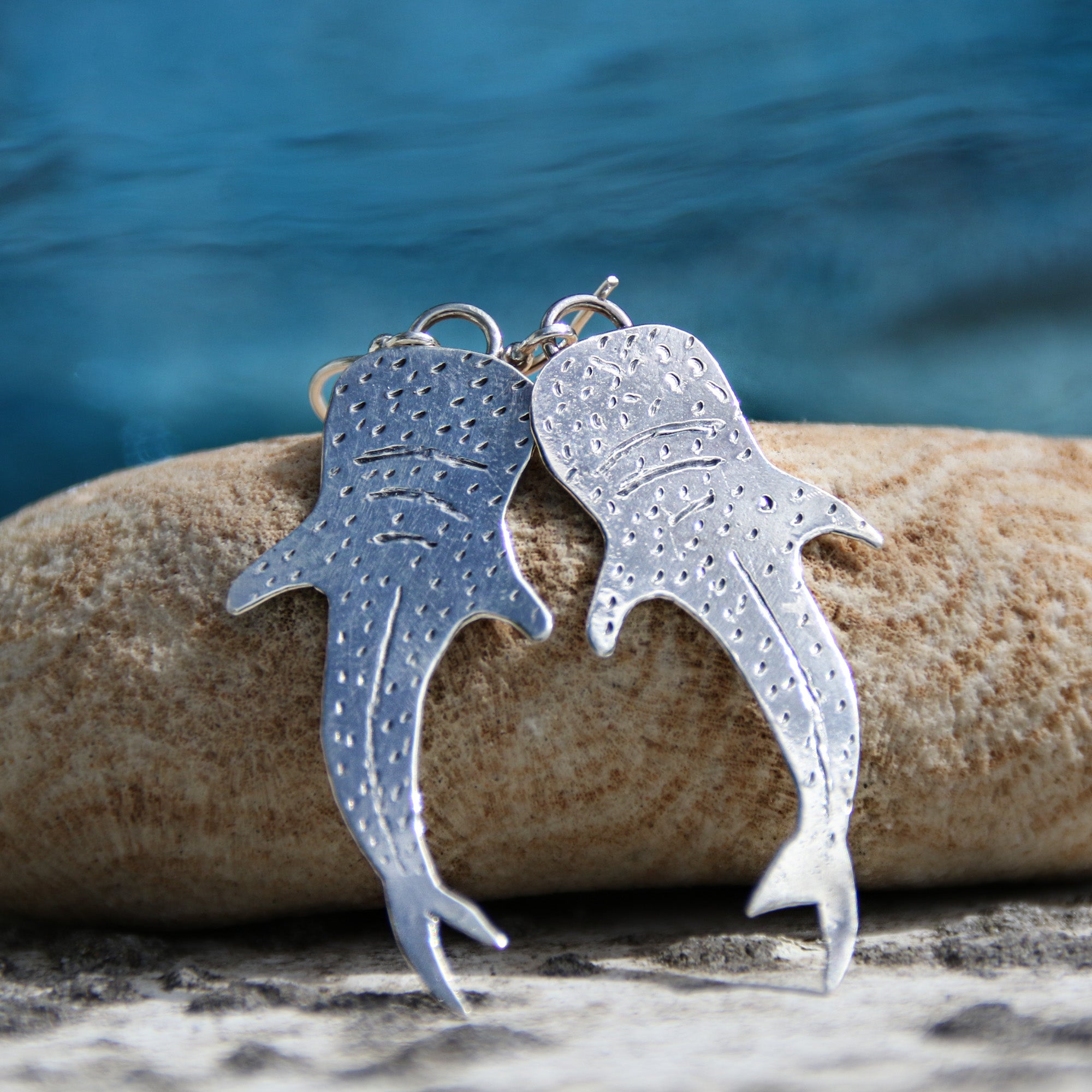 Into the Blue - Saltwater Souls recycled sterling silver whale shark earrings.
 