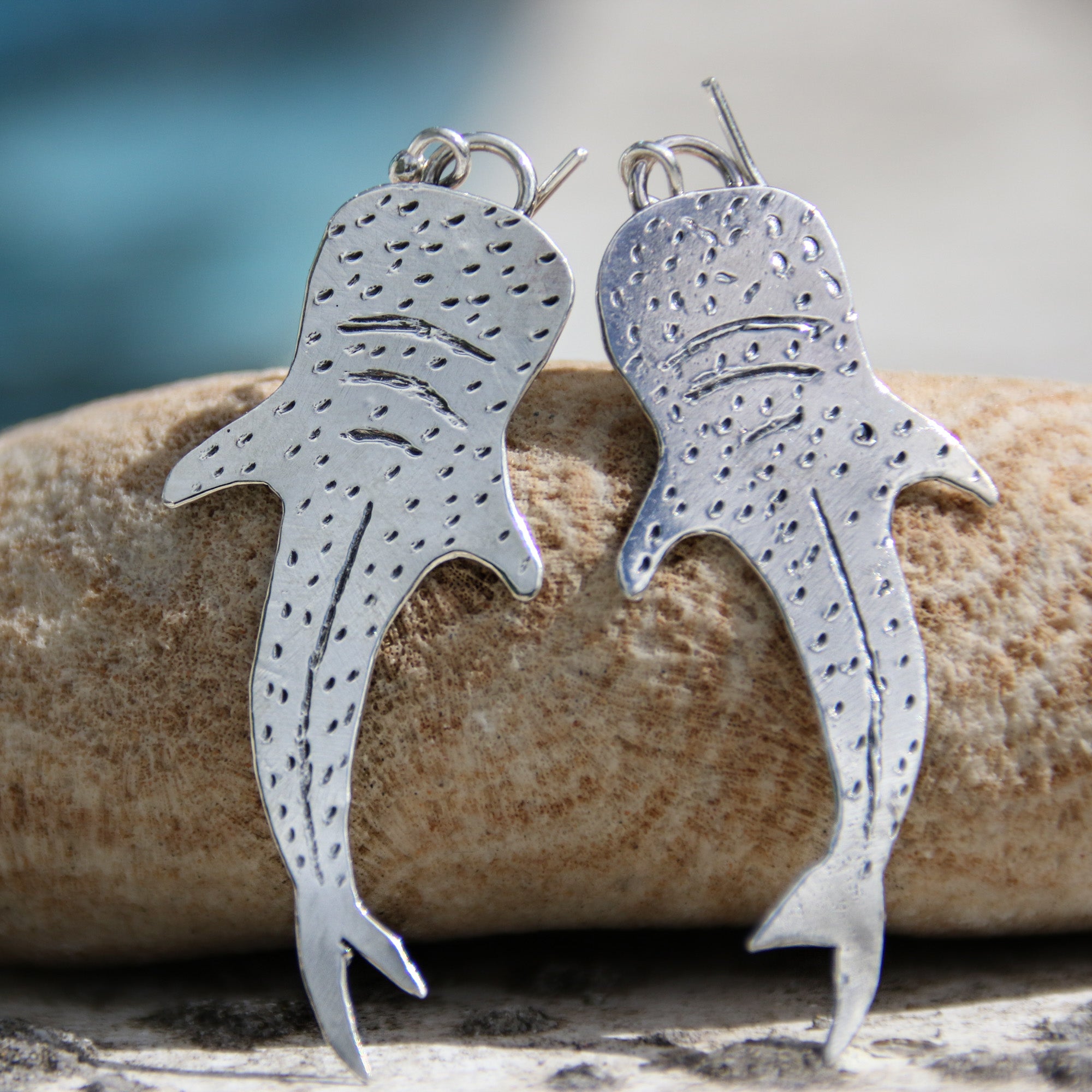 Into the Blue - Saltwater Souls recycled sterling silver whale shark earrings.
