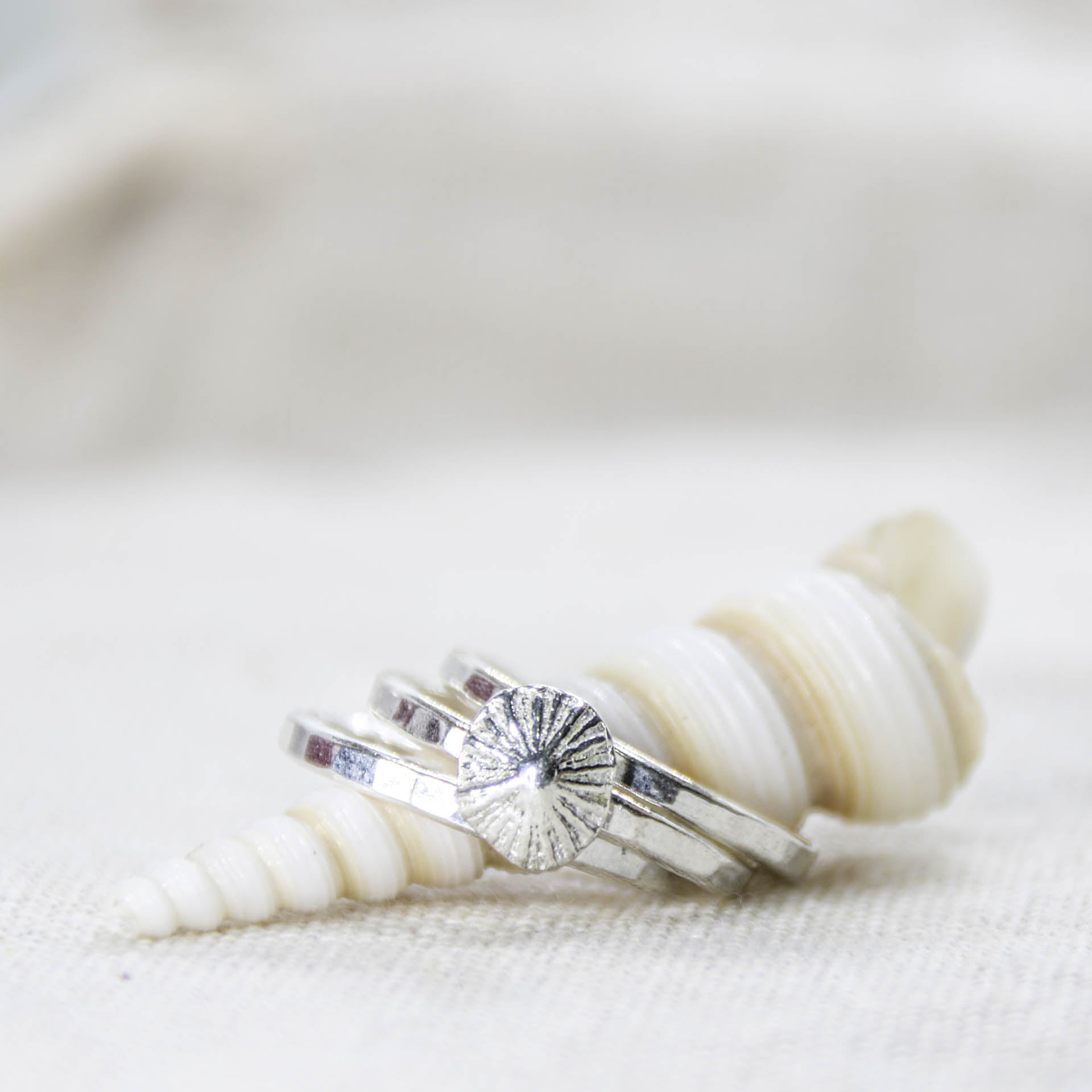 Little Limpet - Saltwater Souls fine silver (.999) cast limpet shell on a hammered recycled sterling silver stacking ring.