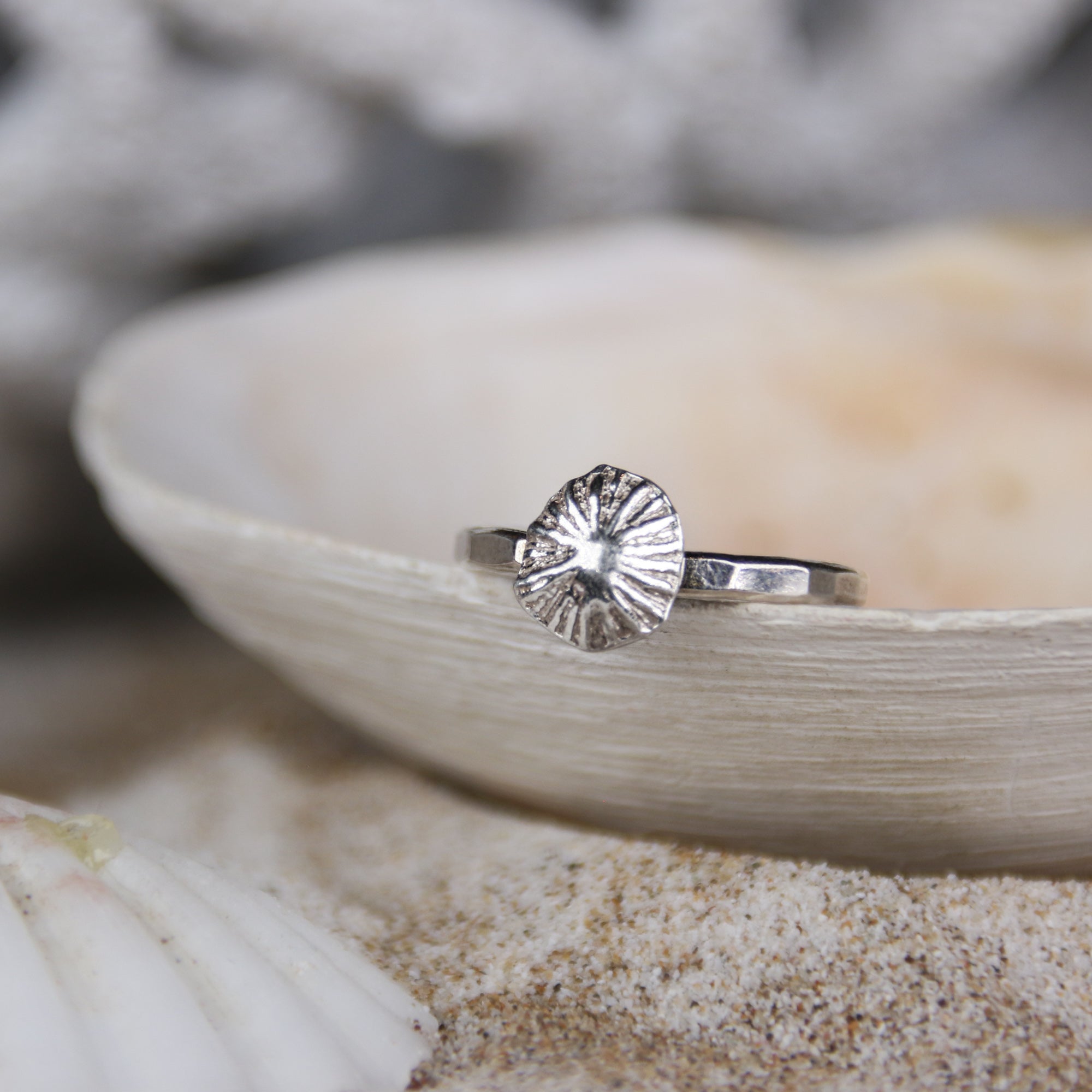 Little Limpet - Saltwater Souls fine silver (.999) cast limpet shell on a hammered recycled sterling silver stacking ring.