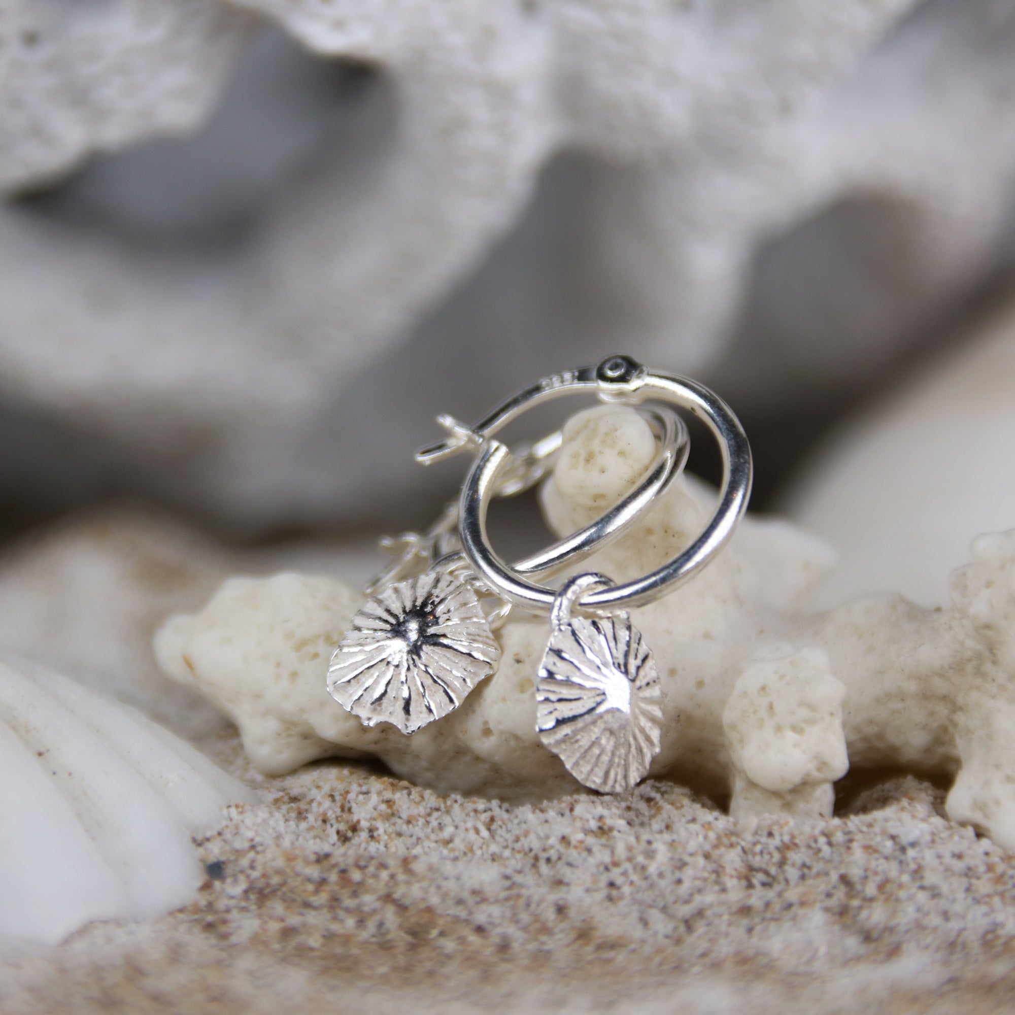 Little Limpet Hoops - Saltwater Souls fine silver (.999) cast limpet shell delicate sterling silver hoop earrings.