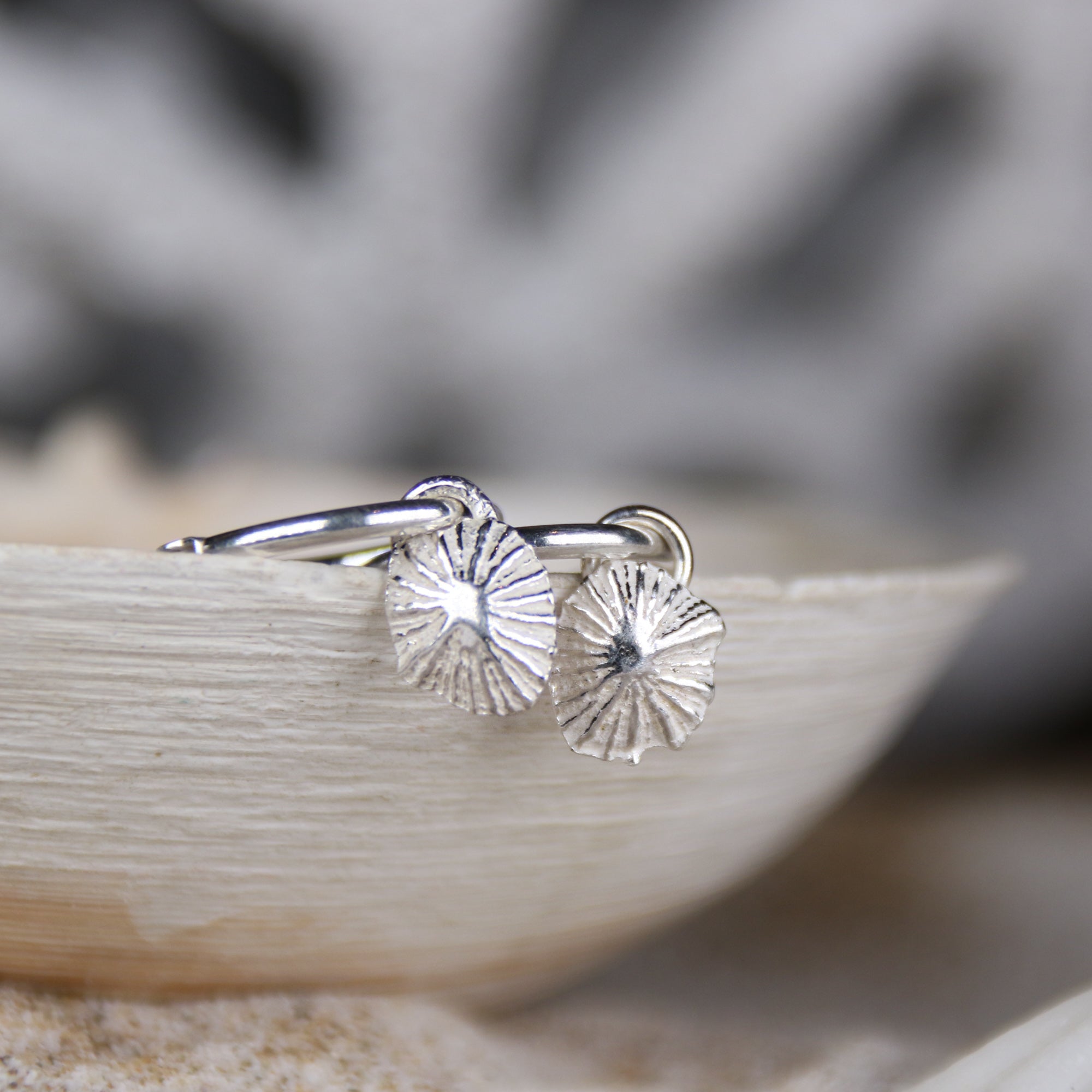 Little Limpet Hoops - Saltwater Souls fine silver (.999) cast limpet shell delicate sterling silver hoop earrings.