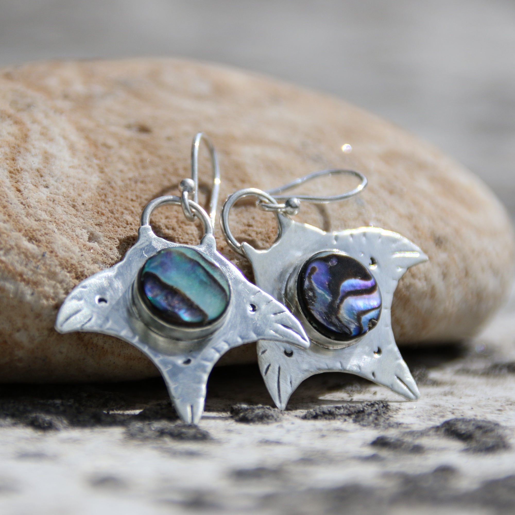 Manta Bay - Saltwater Souls paua shell recycled sterling silver manta ray earrings.