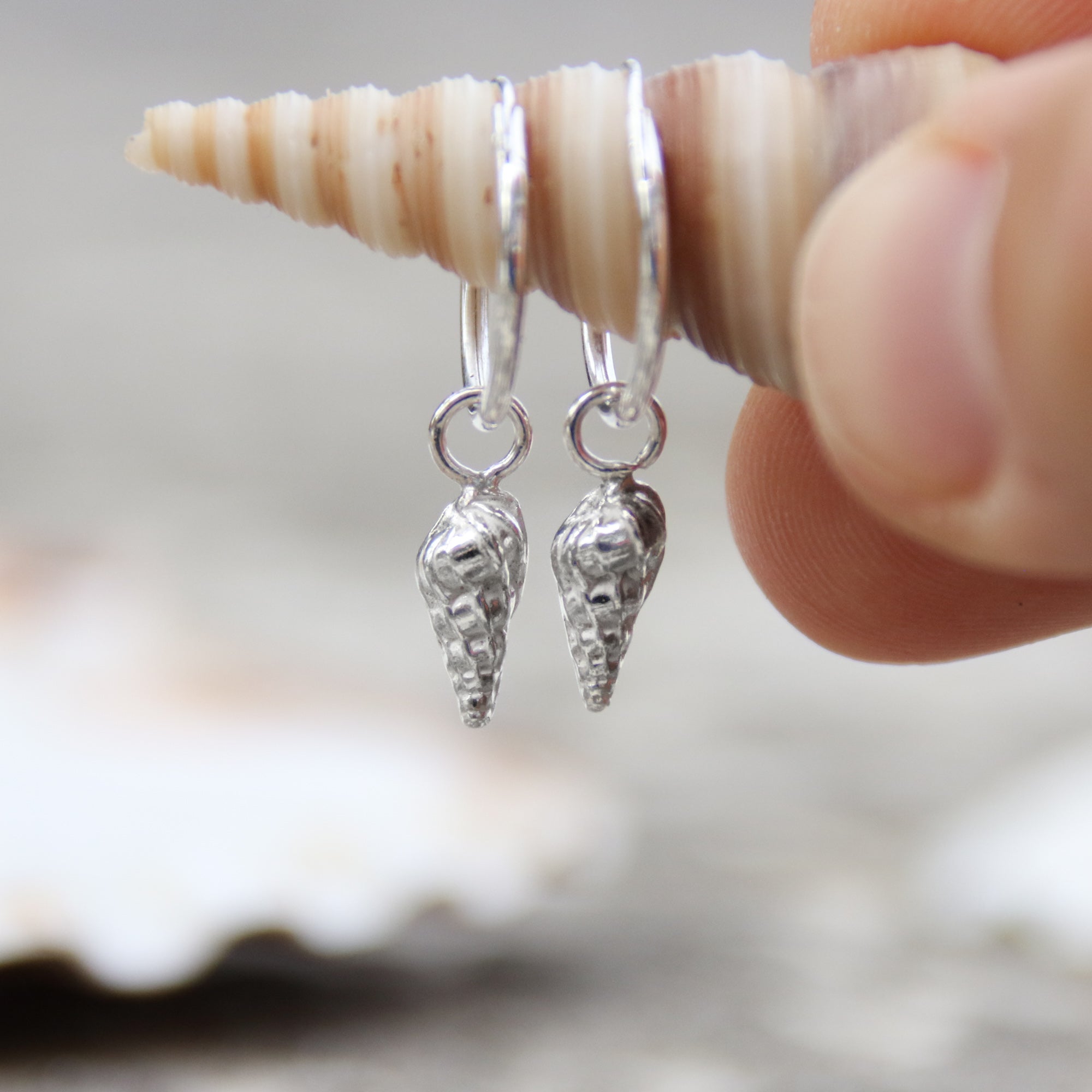 Matilda's Wentletraps - Saltwater Souls fine silver (.999) wentletrap sea shells delicate sterling silver hoop earrings.