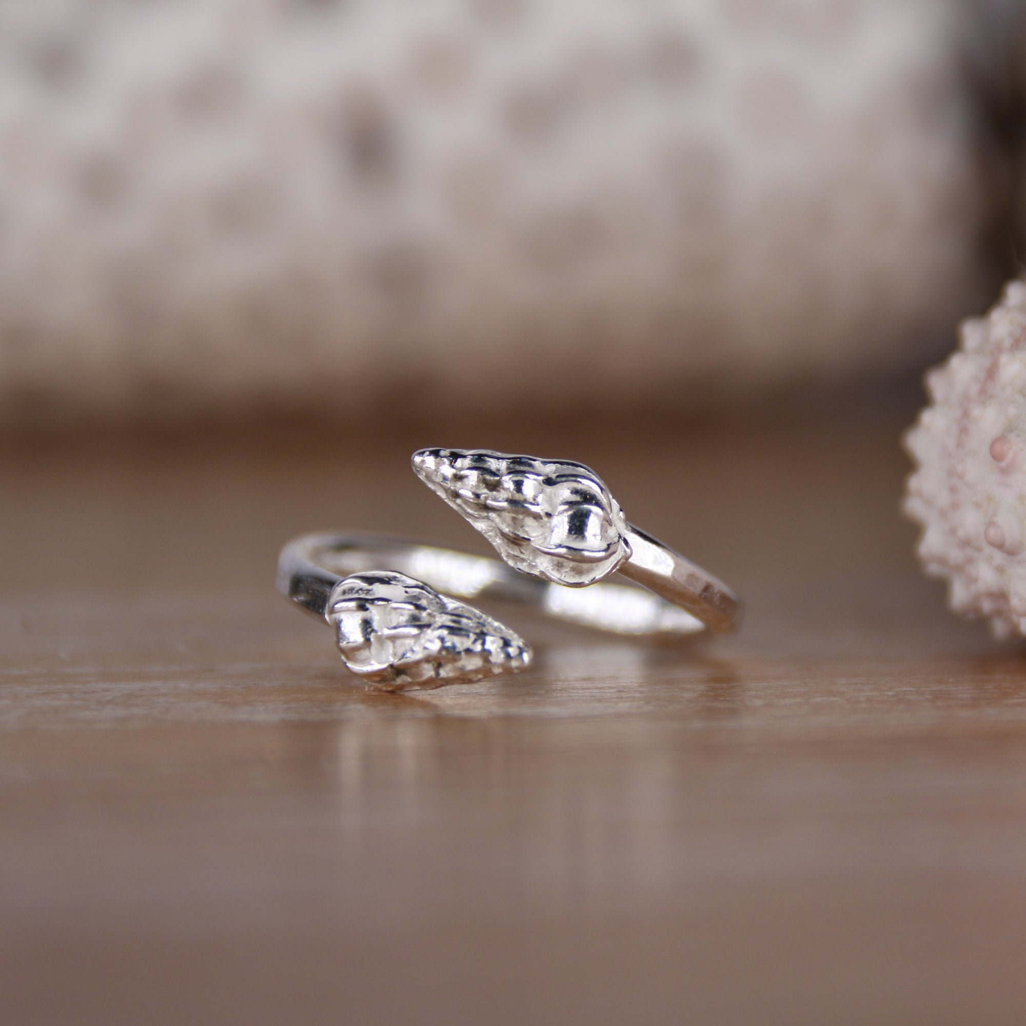 Matilda's Wentletrap Ring - Saltwater Souls fine silver (.999) cast wentletrap shells found at Barricane Beach, North Devon, on a hammered effect recycled sterling silver adjustable ring.