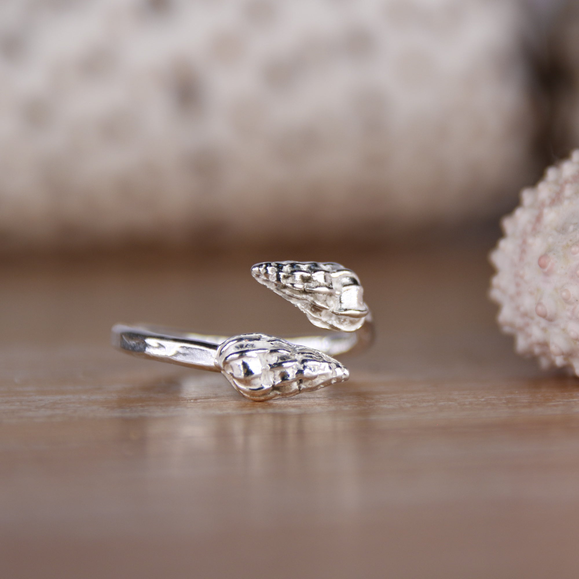 Matilda's Wentletrap Ring - Saltwater Souls fine silver (.999) cast wentletrap shells found at Barricane Beach, North Devon, on a hammered effect recycled sterling silver adjustable ring.