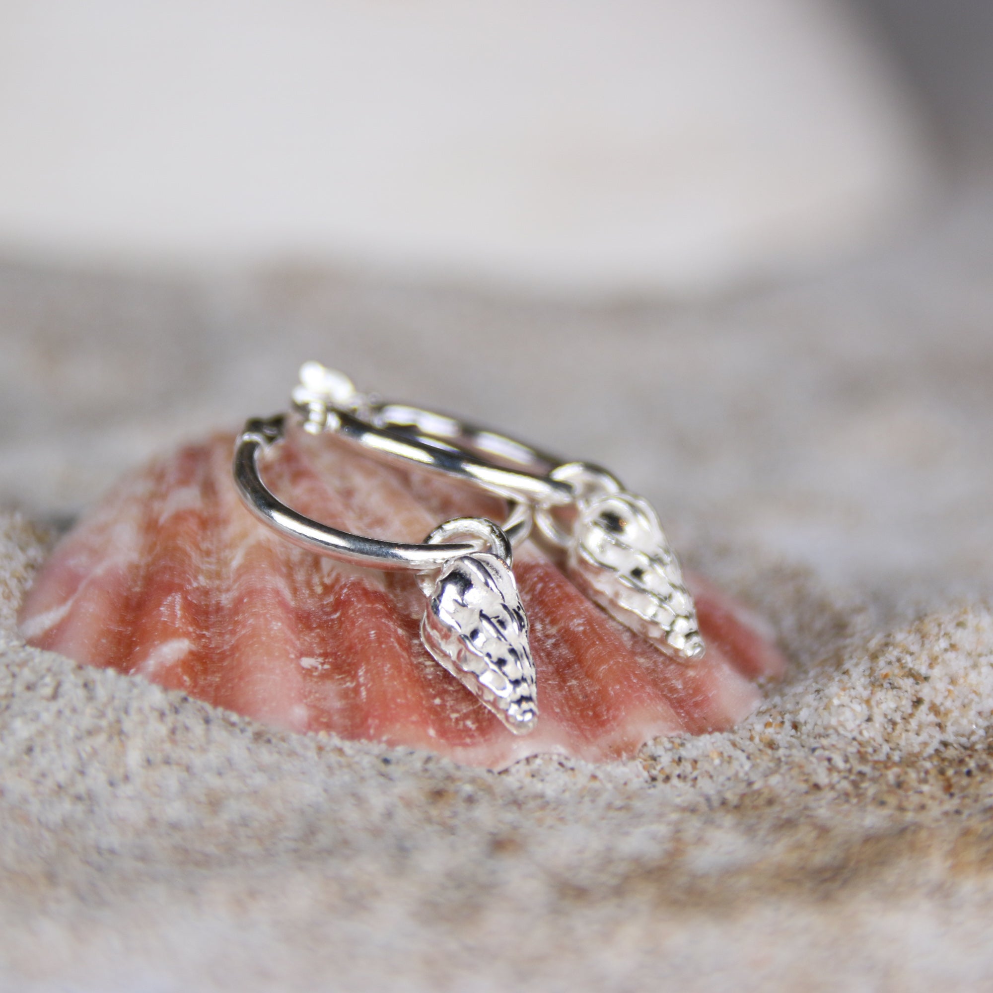 Matilda's Wentletraps - Saltwater Souls fine silver (.999) wentletrap sea shells delicate sterling silver hoop earrings.