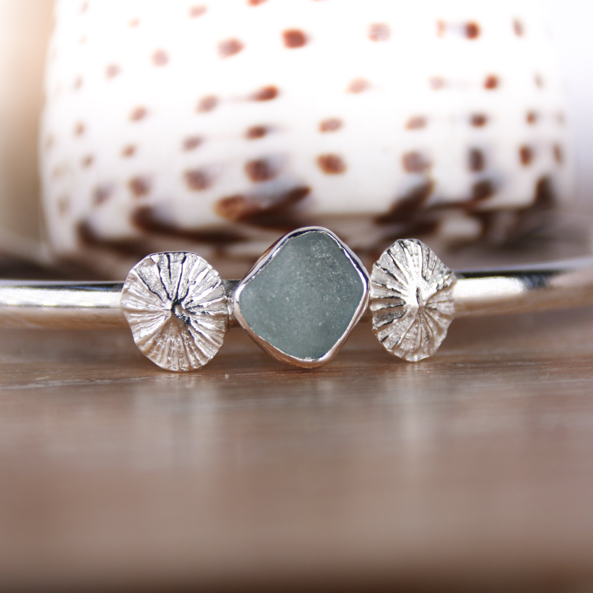 Mermaid Tides - Saltwater Souls sea glass and fine silver cast limpet shell hammered effect bangle.