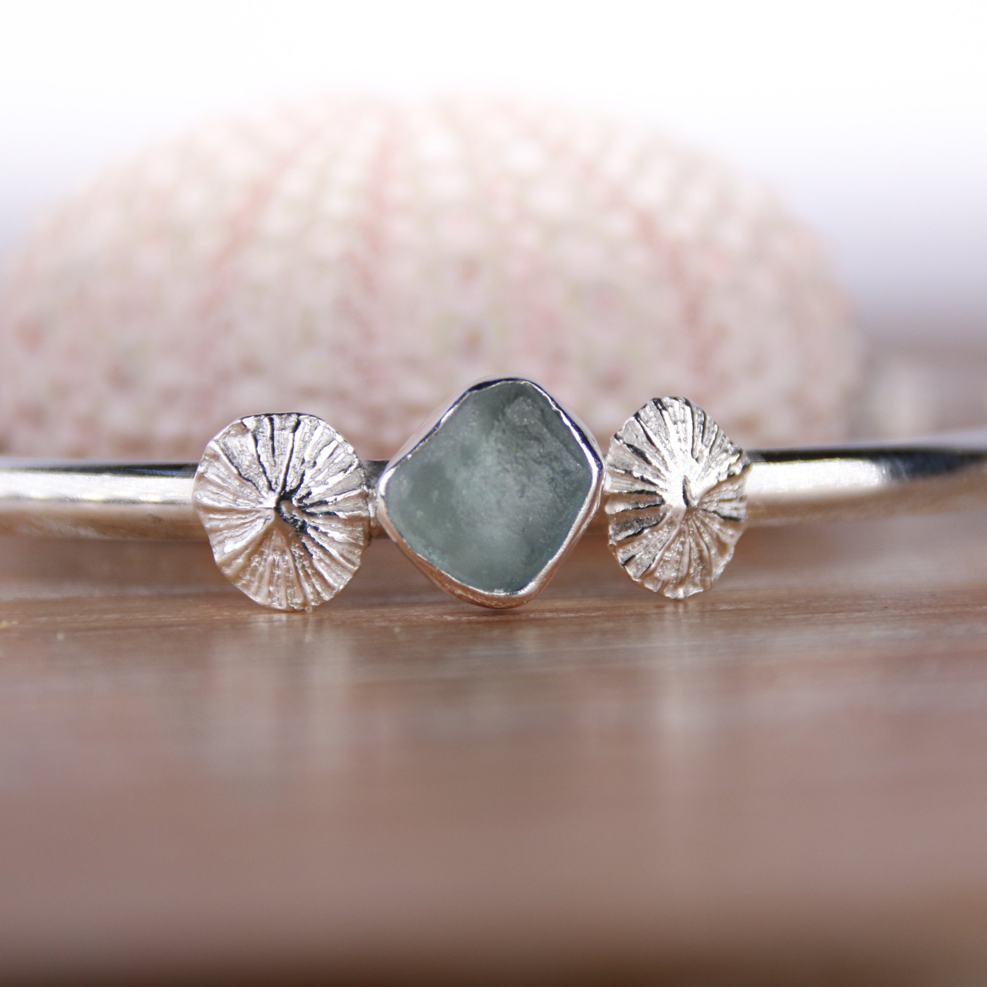 Mermaid Tides - Saltwater Souls sea glass and fine silver cast limpet shell hammered effect bangle.