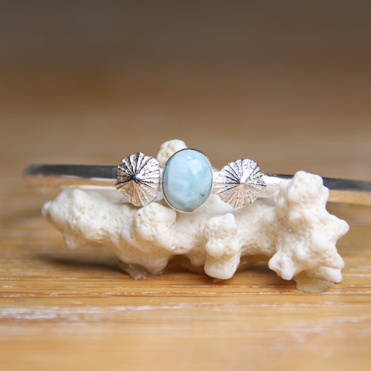 Mermaid Waters - Saltwater Souls larimar and fine silver limpet shell recycled sterling silver open back bangle.