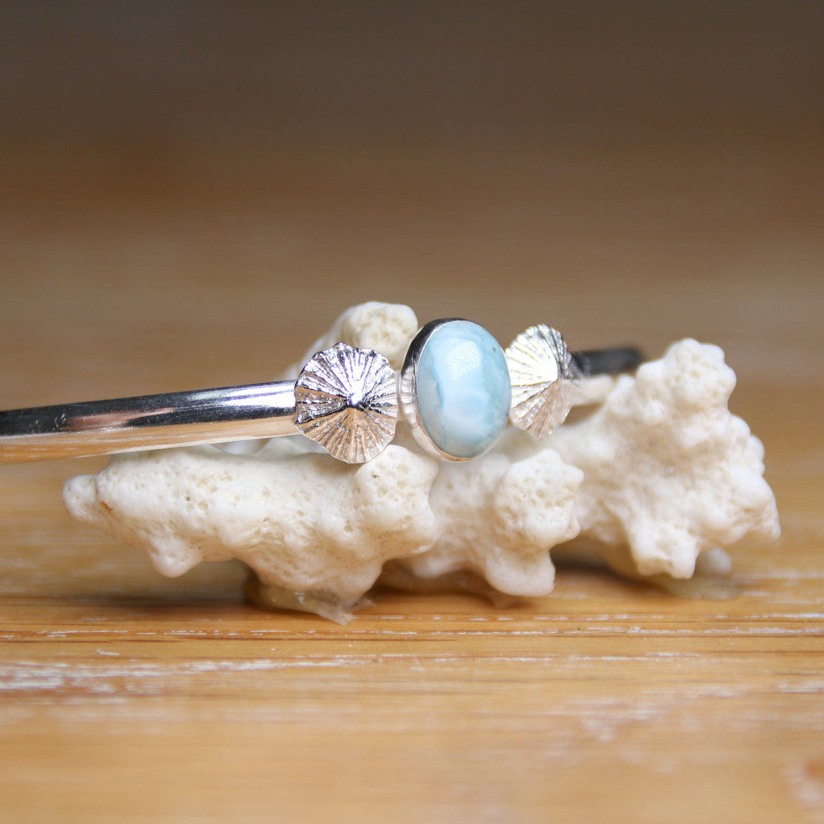 Mermaid Waters - Saltwater Souls larimar and fine silver limpet shell recycled sterling silver open back bangle.