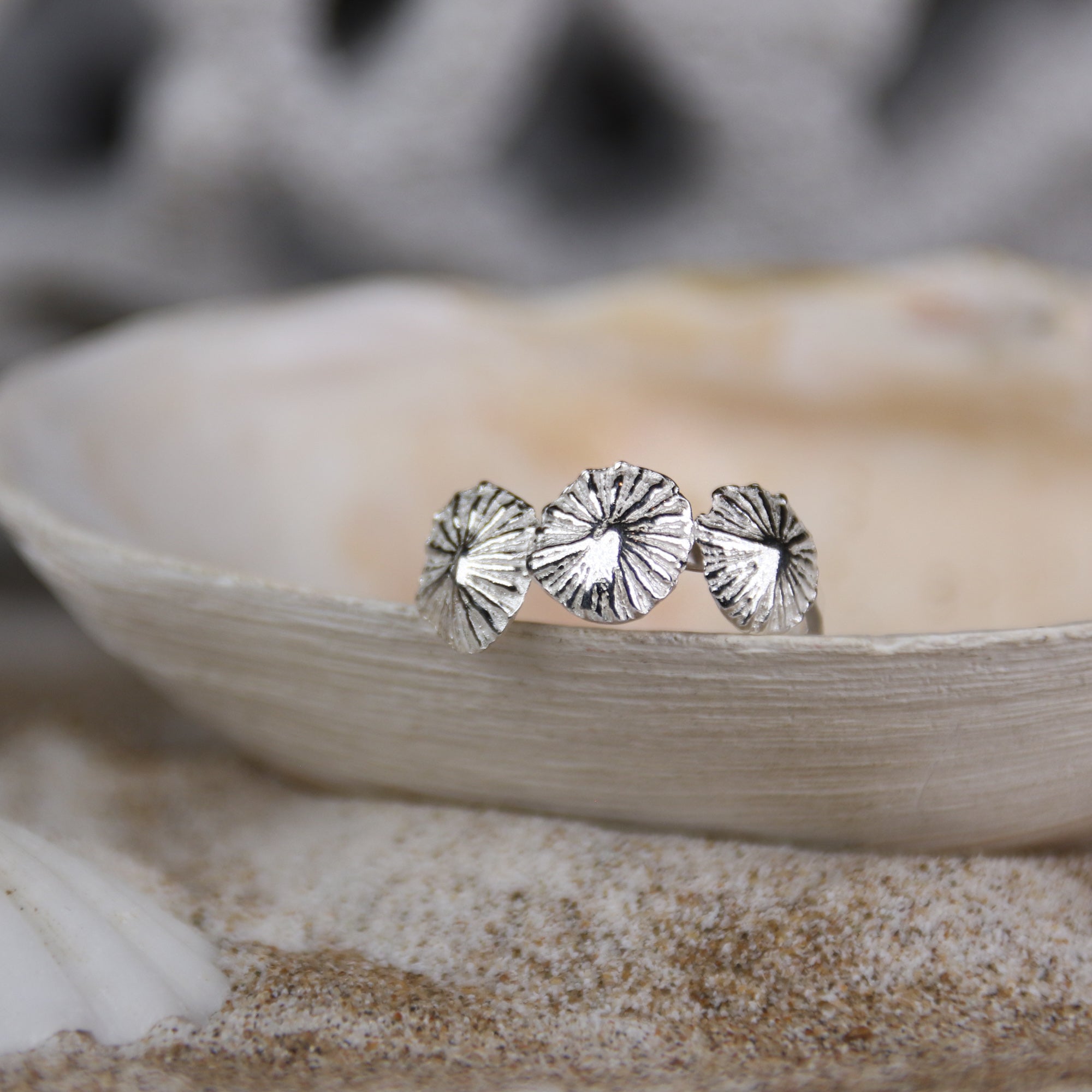 Mermaid Kisses - Saltwater Souls fine silver (.999) triple tiny limpet shell on a hammered effect recycled sterling silver mermaid ring.