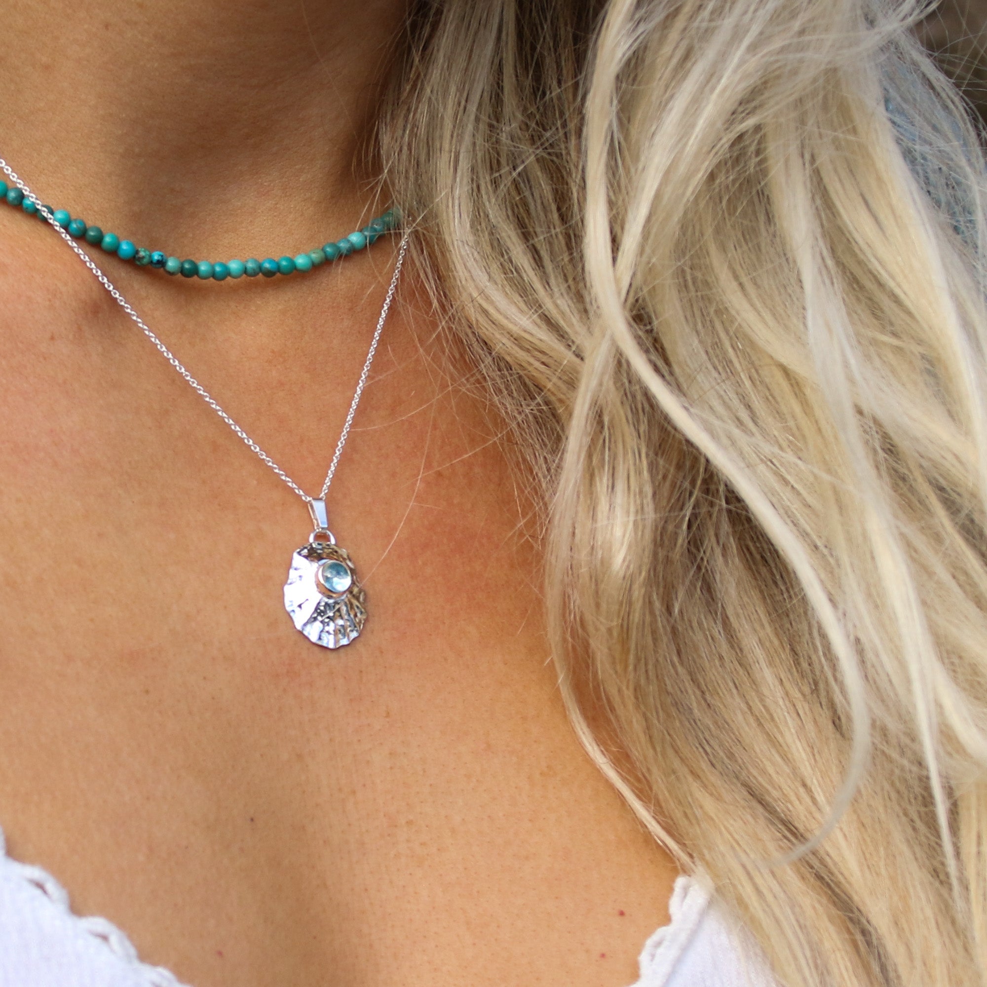 Mermaid's Lagoon - Saltwater Souls fine silver (.999) limpet shell and aquamarine necklace.
