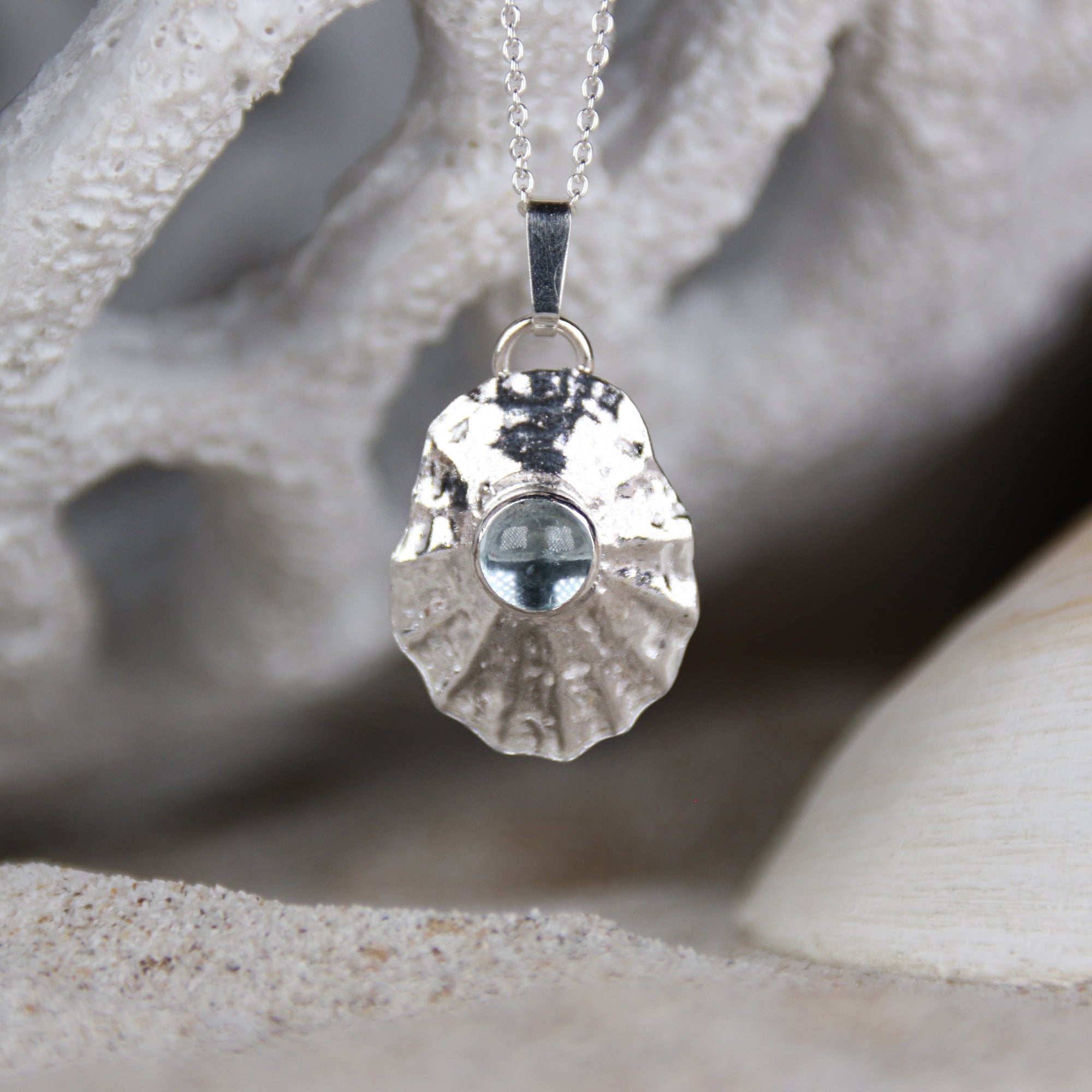 Mermaid's Lagoon - Saltwater Souls fine silver (.999) limpet shell and aquamarine necklace.