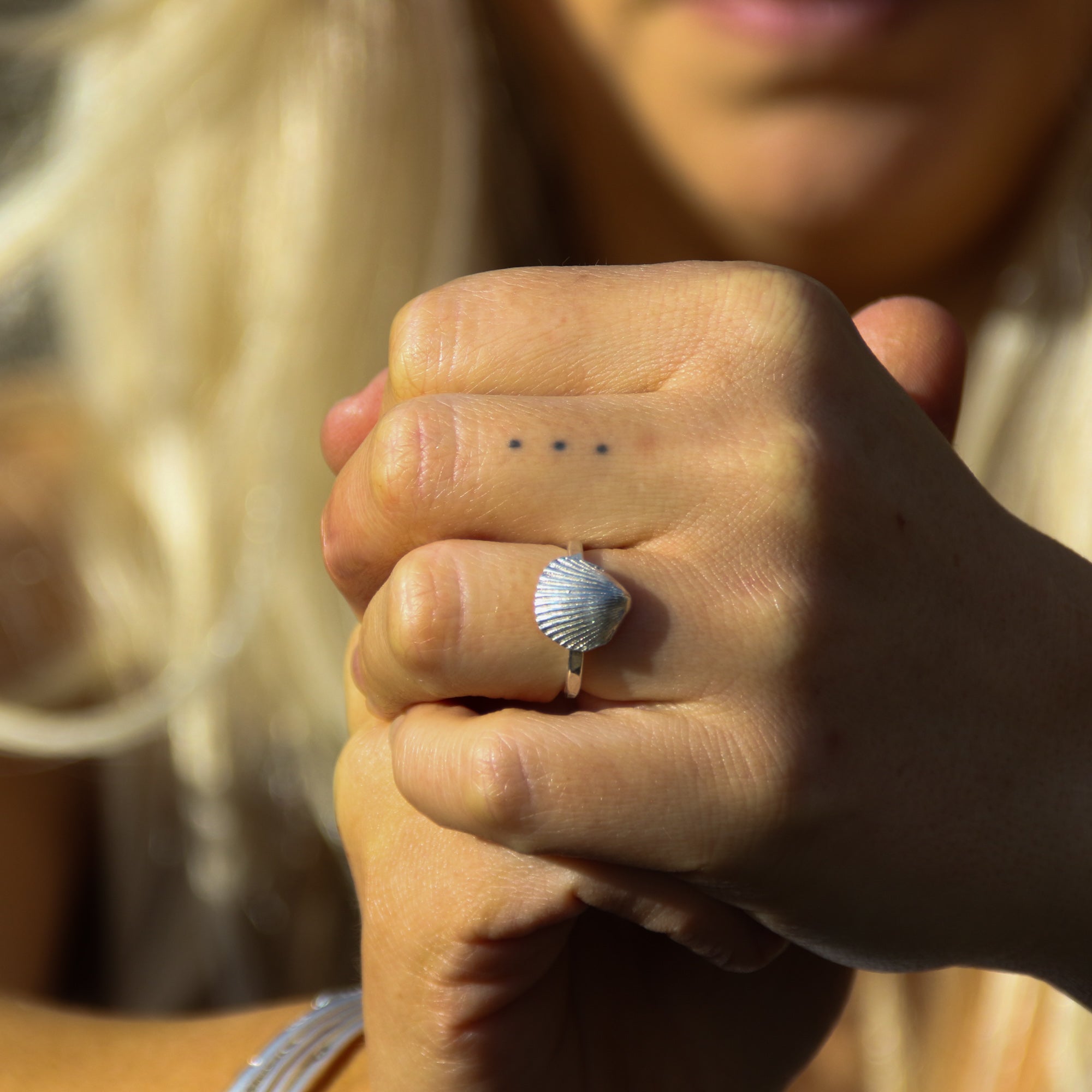 Mermaid's Song Ring- Saltwater Souls fine silver (.999) cast cockle shell on a hammered effect recycled sterling silver stacking ring.
