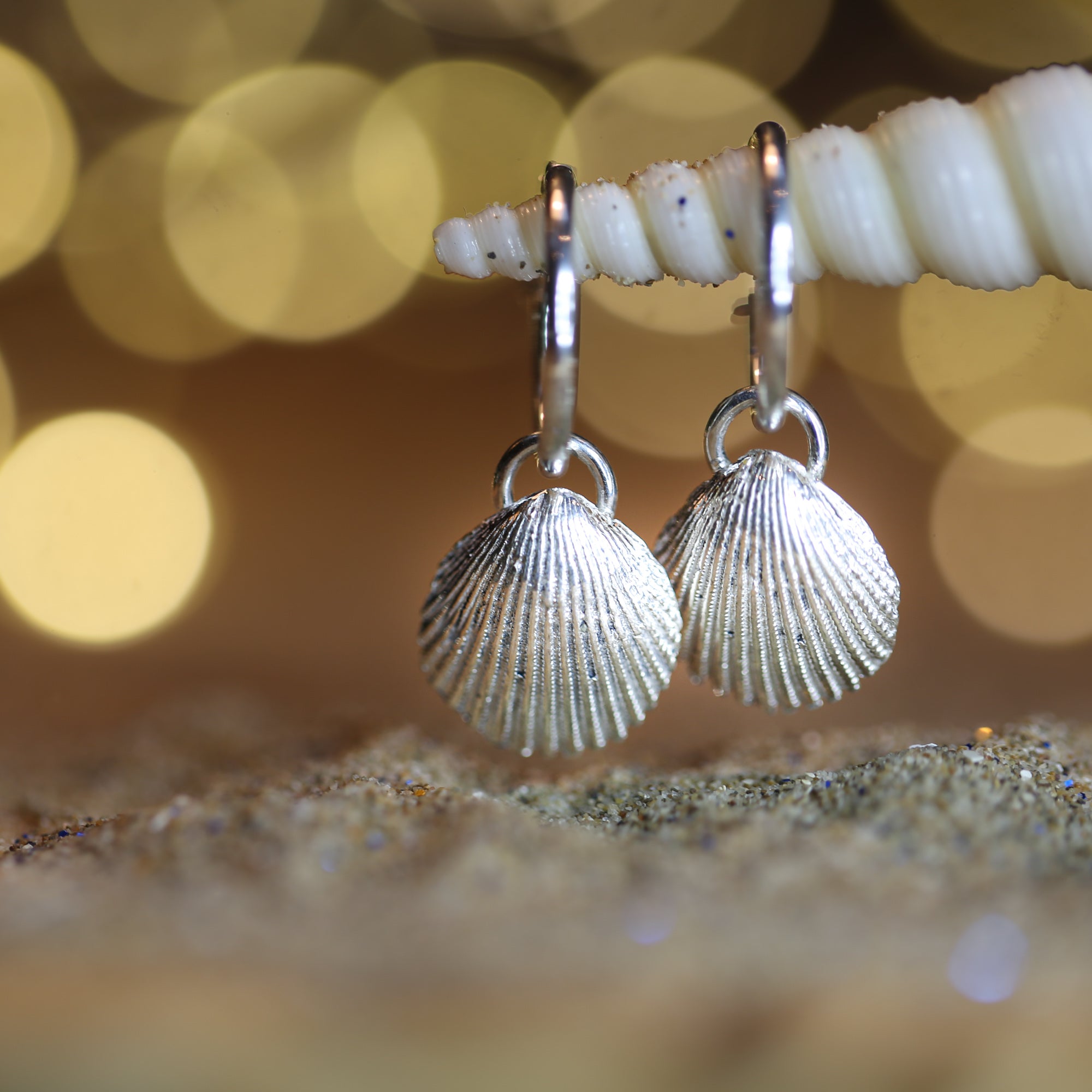 Mermaid's Song Hoops - Saltwater Souls fine silver (.999) cast cockle shell delicate sterling silver hoop earrings.