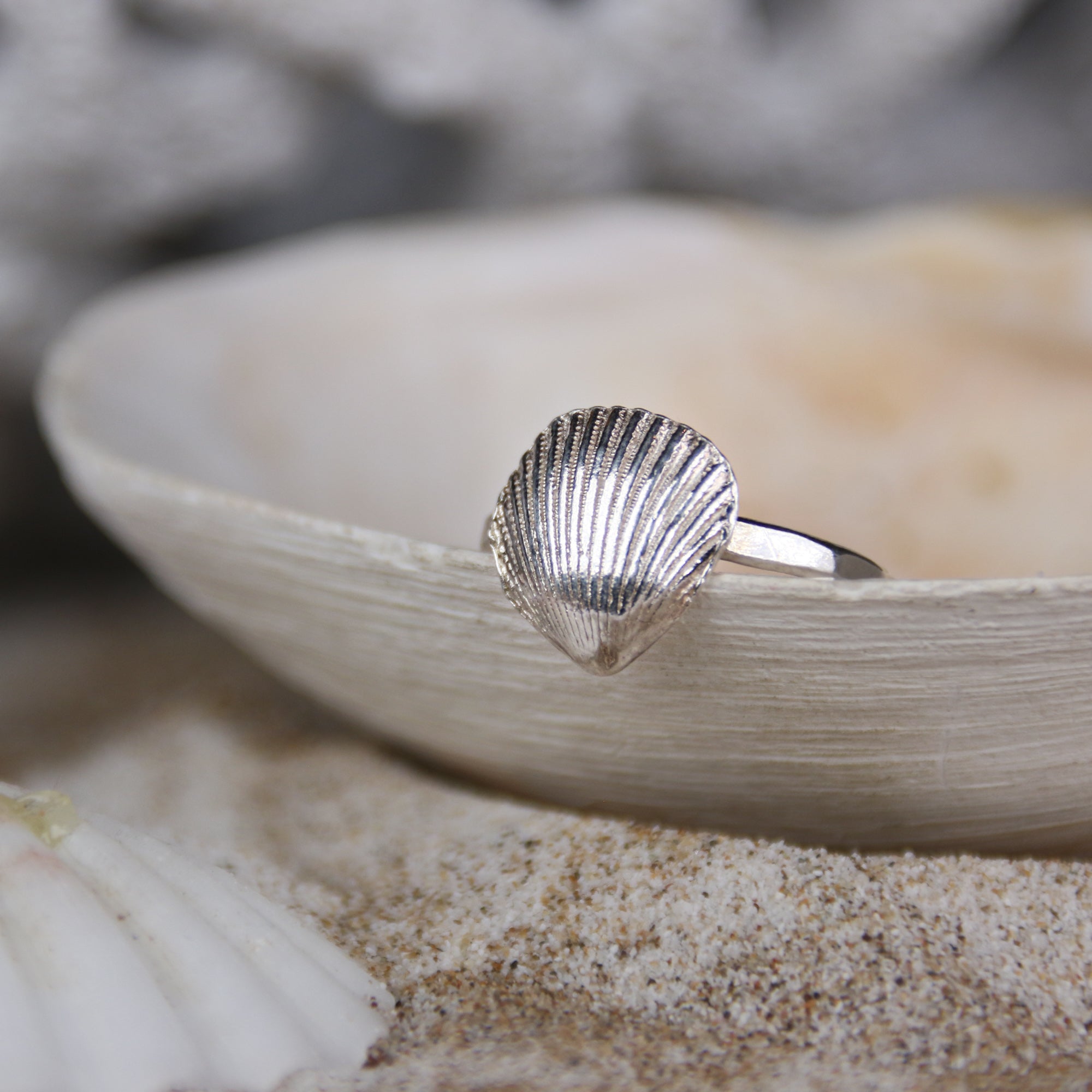 Mermaid's Song Ring- Saltwater Souls fine silver (.999) cast cockle shell on a hammered effect recycled sterling silver stacking ring.