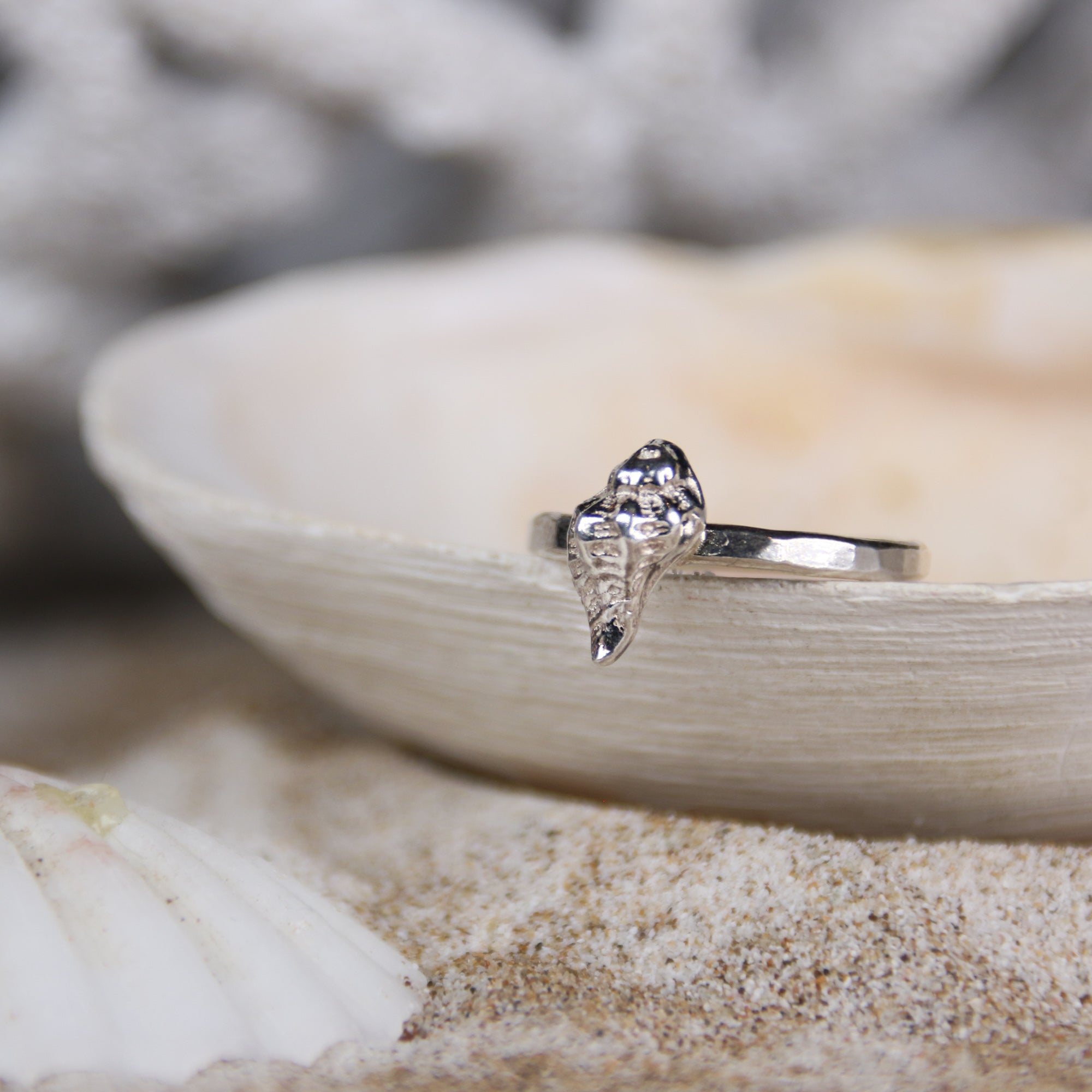 Rock Pool Ring - Saltwater Souls fine silver (.999) cast sea shell on a hammered effect recycled sterling silver stacking ring.