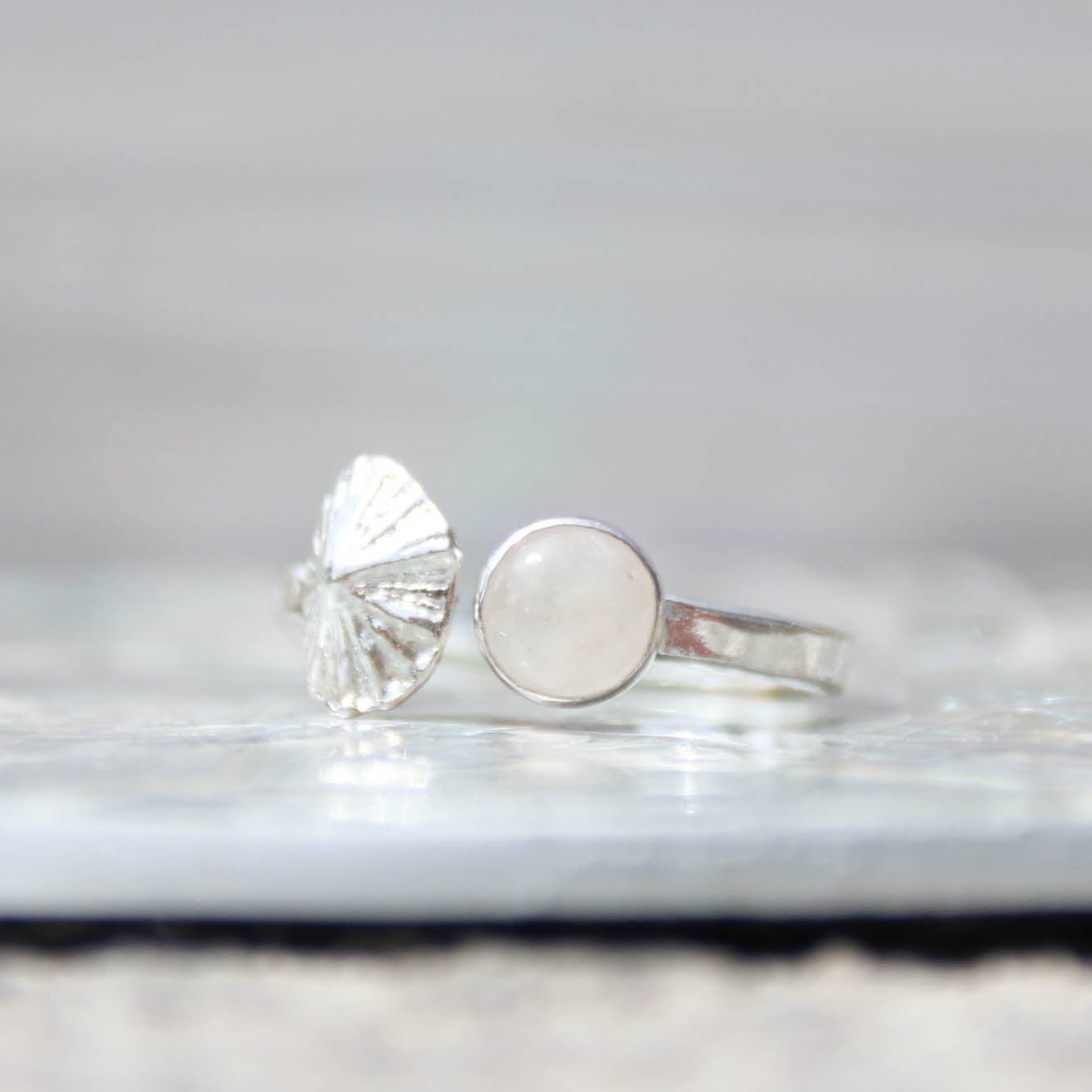 Salt &amp; Spirit - Saltwater Souls rainbow moonstone and fine silver limpet shell recycled sterling silver open ring.