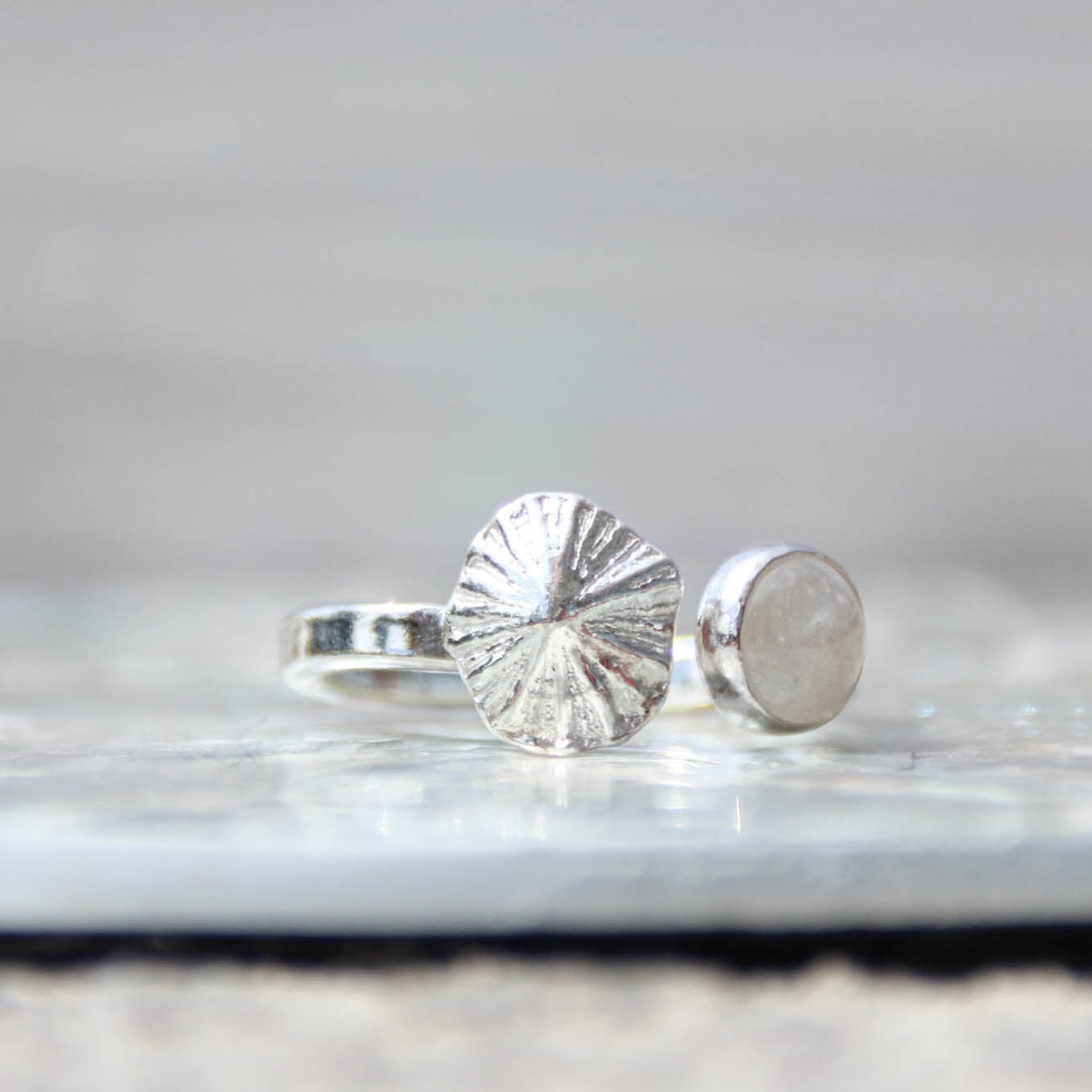 Salt &amp; Spirit - Saltwater Souls rainbow moonstone and fine silver limpet shell recycled sterling silver open ring.