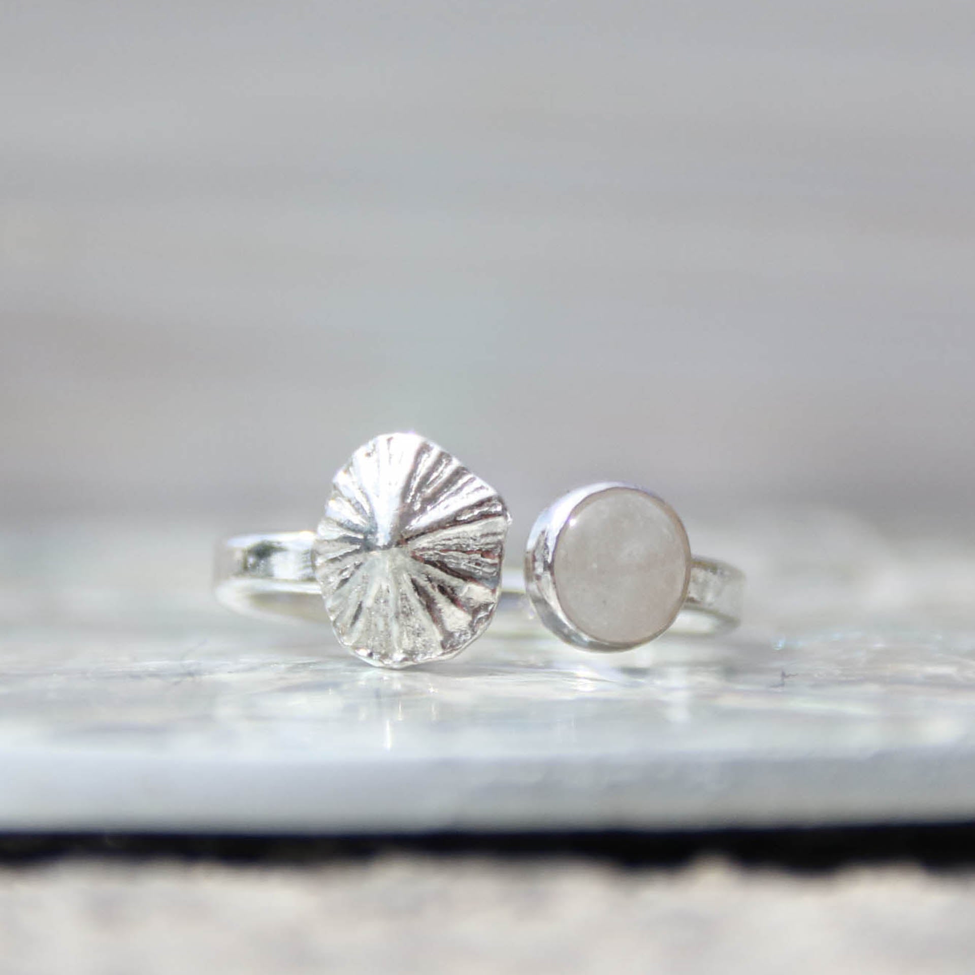 Salt &amp; Spirit - Saltwater Souls rainbow moonstone and fine silver limpet shell recycled sterling silver open ring.