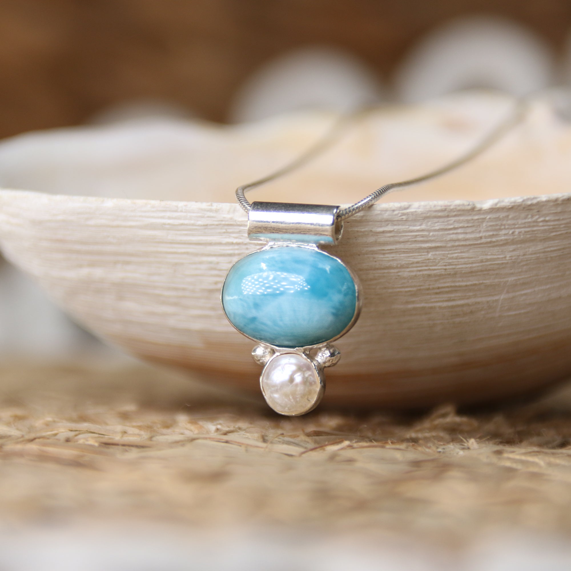Seafarer - Saltwater Souls larimar and keshi pearl necklace.