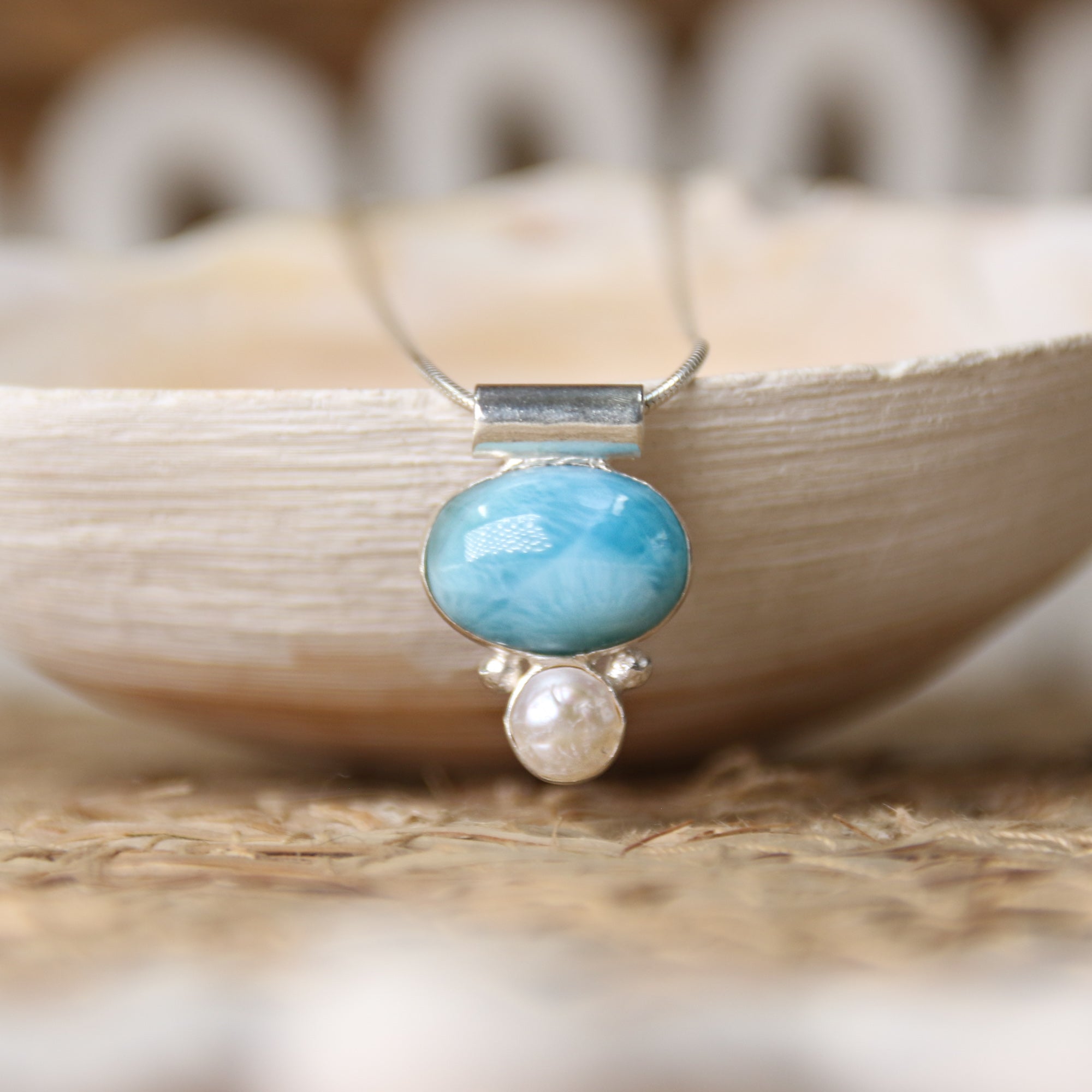Seafarer - Saltwater Souls larimar and keshi pearl necklace.