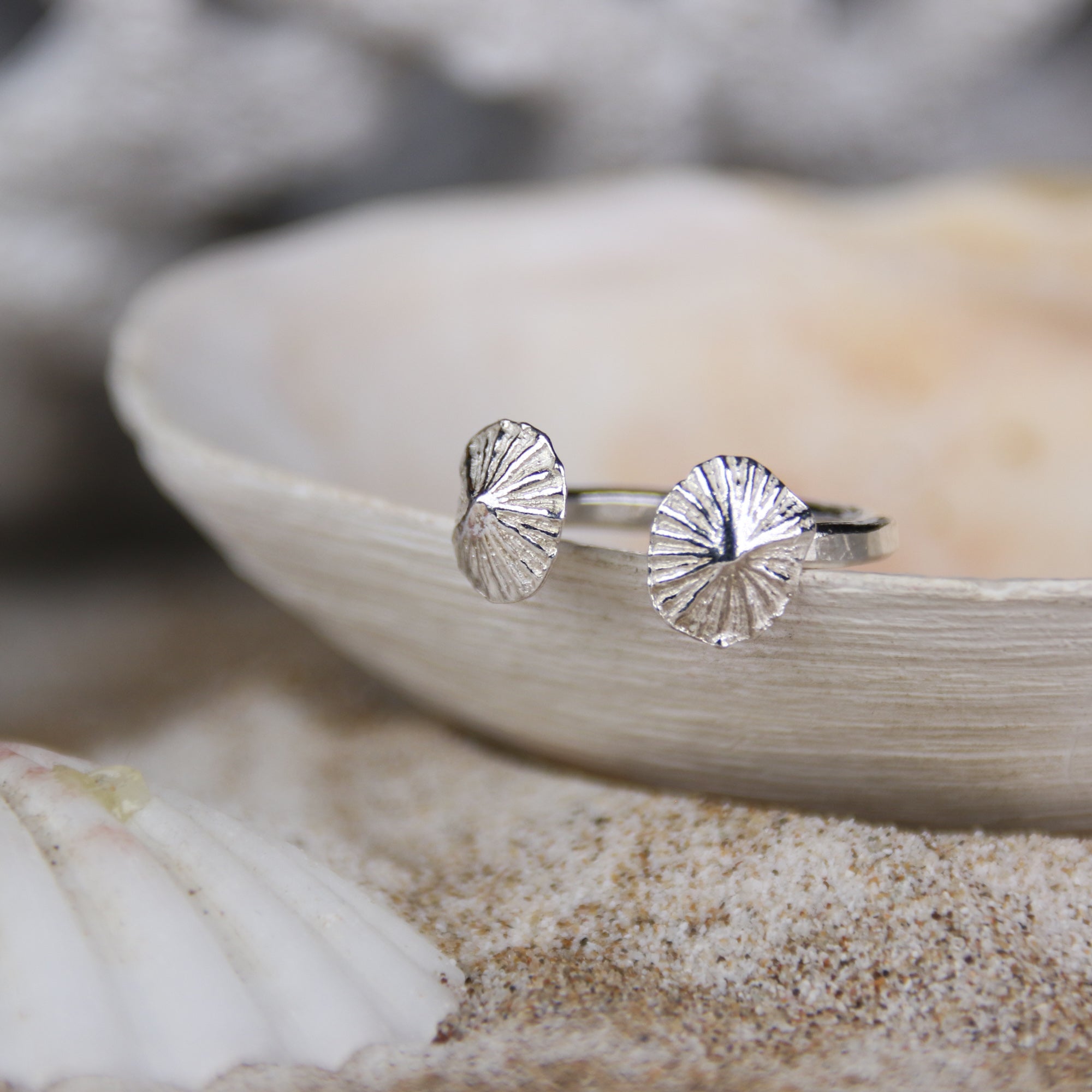 Seashells - Limpets - Saltwater Souls fine silver (.999) cast limpet shells found at Barricane Beach, North Devon, on recycled sterling silver open adjustable ring.